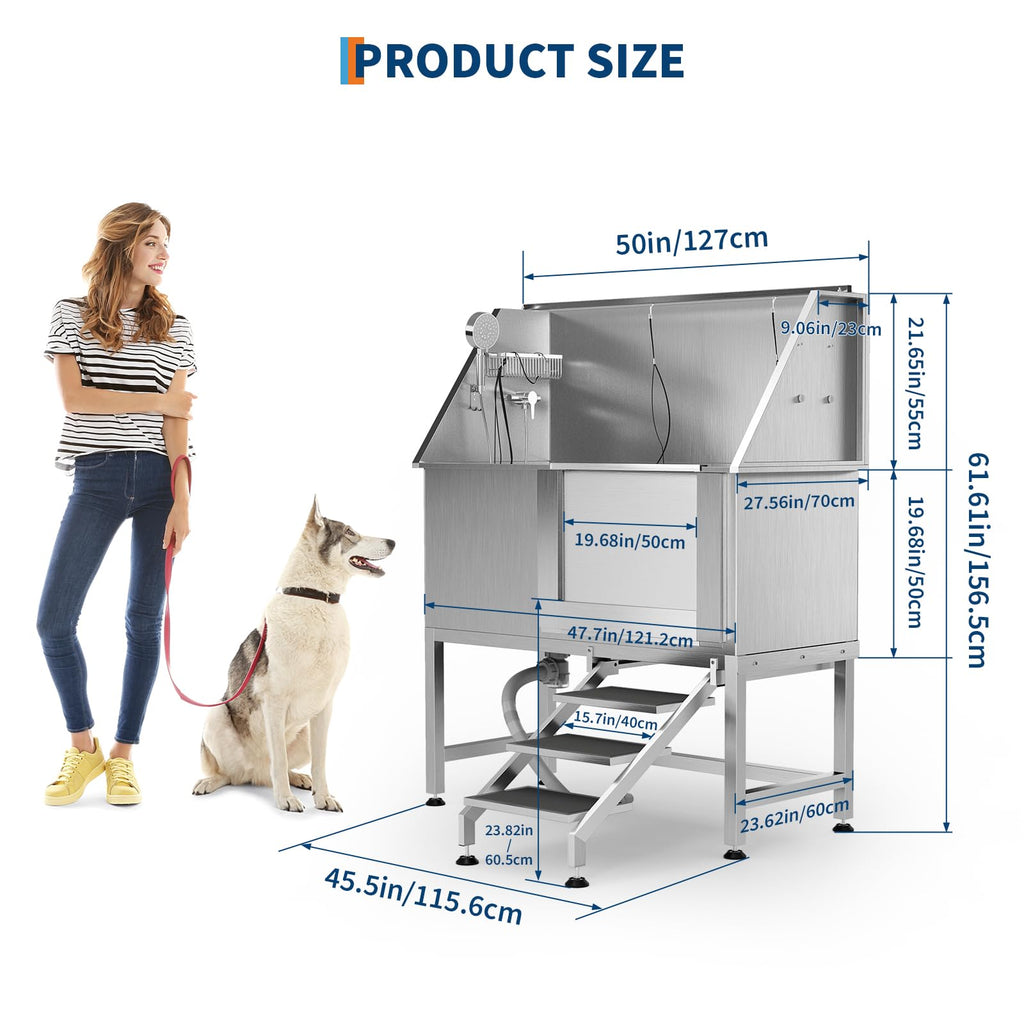 Garvee 50" Stainless Steel Dog Wash Tub, Dog Grooming Bathing Station with Non-Slip Stairs & Floor Grate, Large, Medium & Small Pets Bathtub for Grooming Salon/Home Use, Right-Side