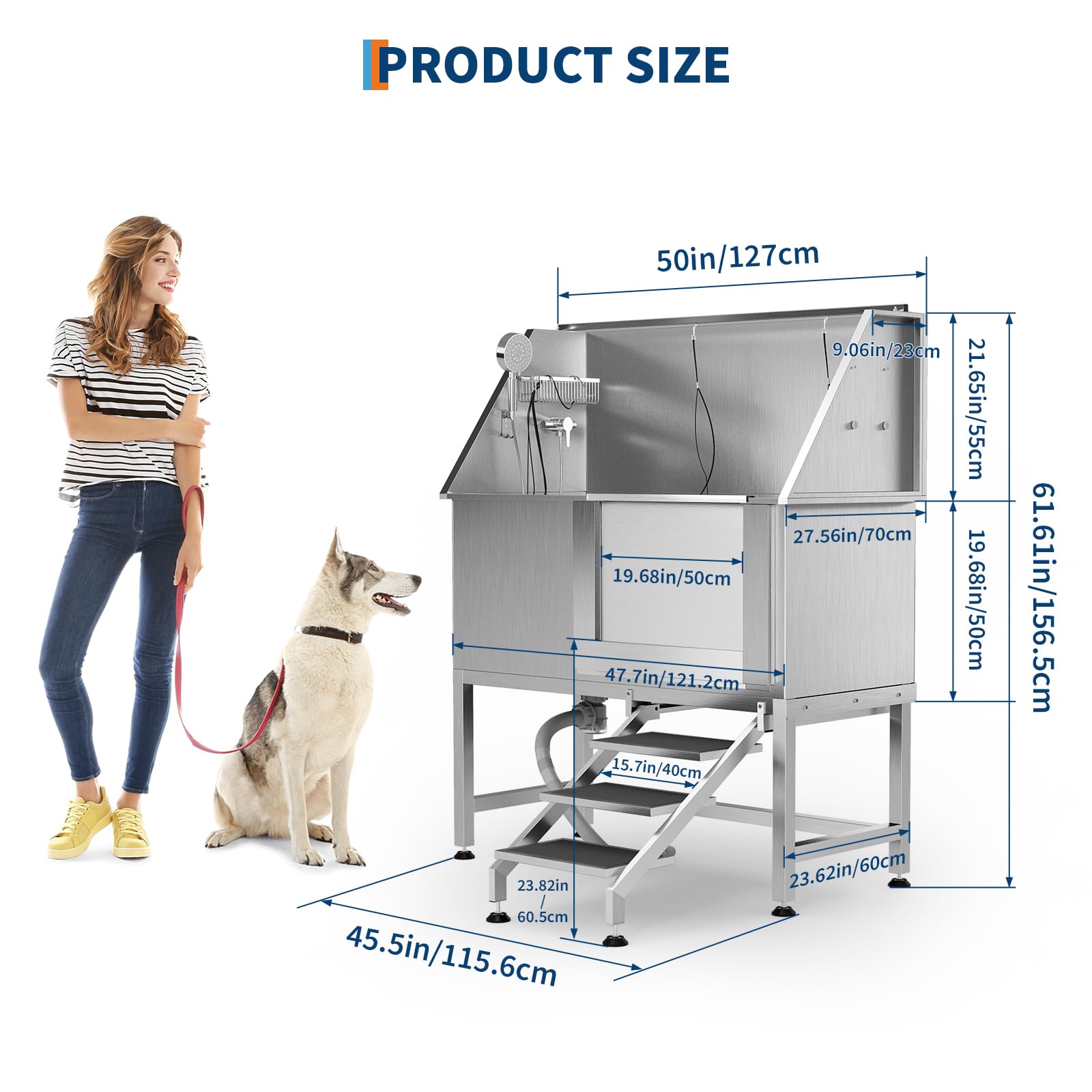Garvee 50" Stainless Steel Dog Wash Tub, Dog Grooming Bathing Station with Non-Slip Stairs & Floor Grate, Large, Medium & Small Pets Bathtub for Grooming Salon/Home Use, Right-Side