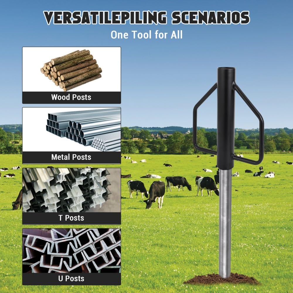 Garvee Fence Post Driver 12LB Carbon Steel Heavy Duty Ergonomic Handles Rust Resistant 3in Diameter Farm Fencing Construction