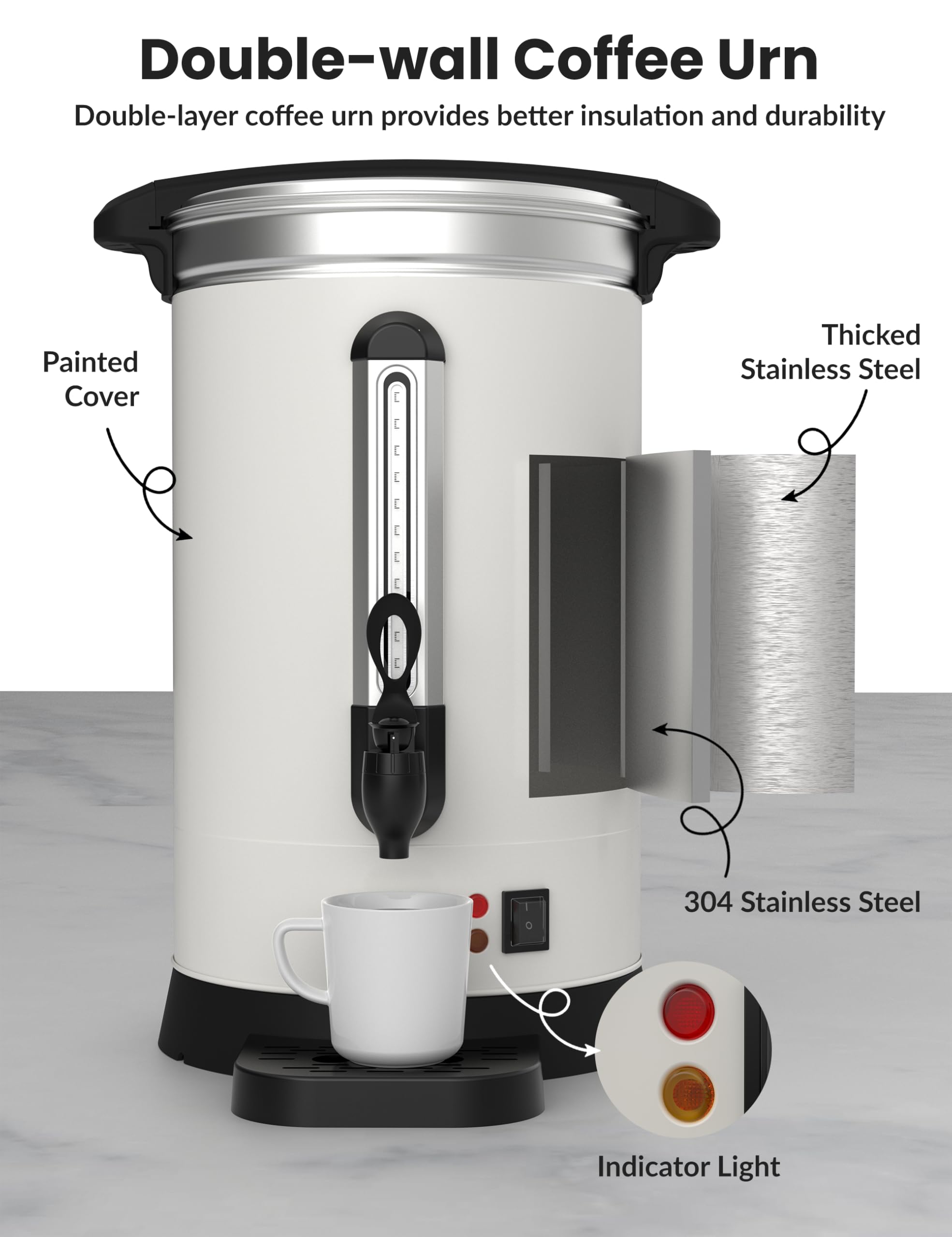 Garvee 80 Cups Coffee Urn,12L/3.2 Gallon Double Wall Commerical Coffee Maker for Buffet Catering Wedding Gathering,Large Capacity Hot Coffee Dispenser,Stainless Steel Hot Water Urn