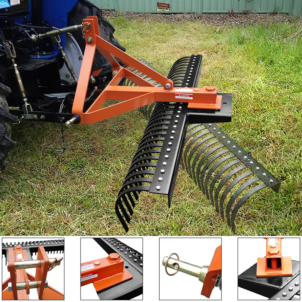 Garvee 6 FT Landscape Rake for Tractors with 36 Steel Tines, 3-Point Connector, Rust-Resistant Steel, Fits Cat 1/2, Yard & Farm Use