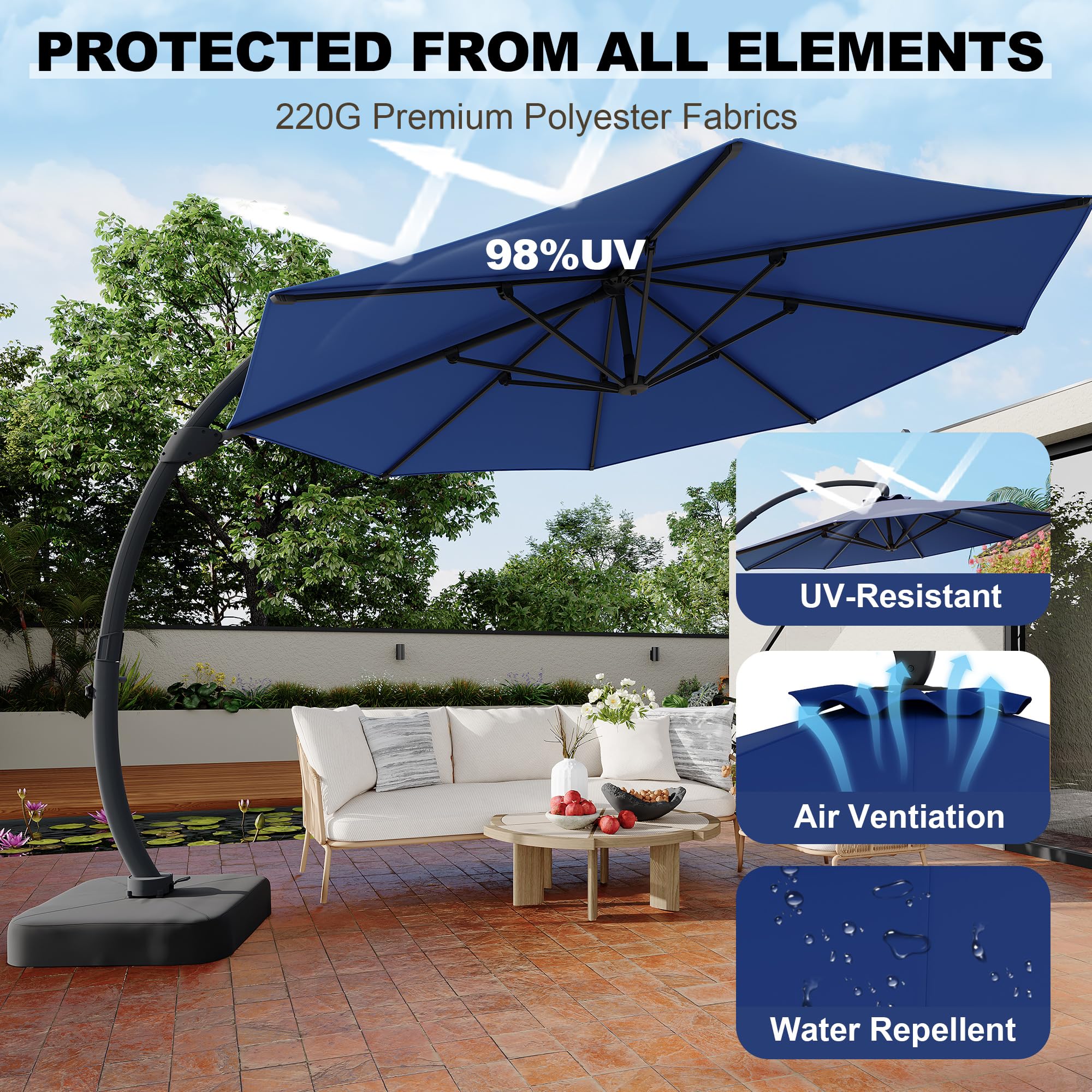 Garvee Large Round Aluminum Offset Umbrella – 360° Rotation, Infinite Tilt, 220g Polyester, Heavy-Duty Rust-Proof Base, Patio Poolside Garden