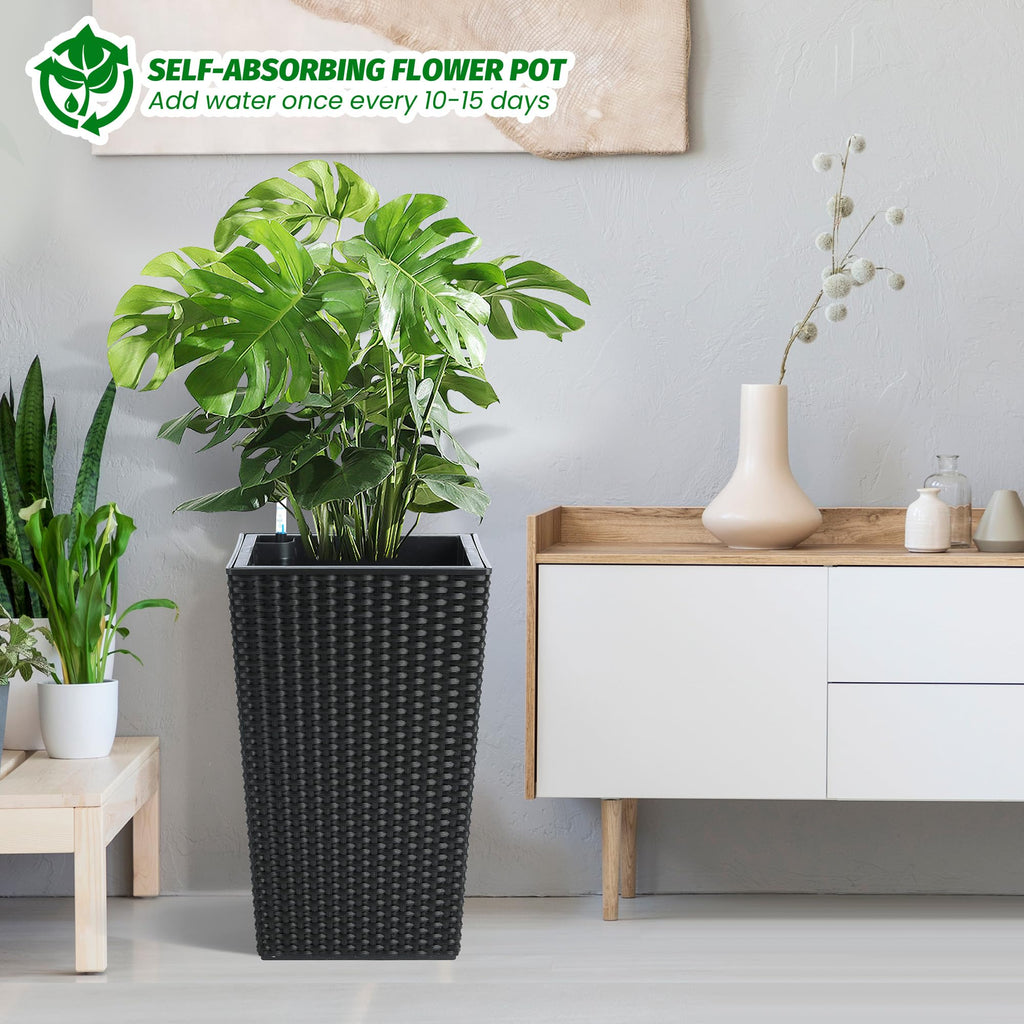 Garvee 16 Inch Tall Rattan Planter Set with Water Level Monitor & Wheels, Durable Plastic, Self-Watering & Drainage, Indoor & Outdoor Use