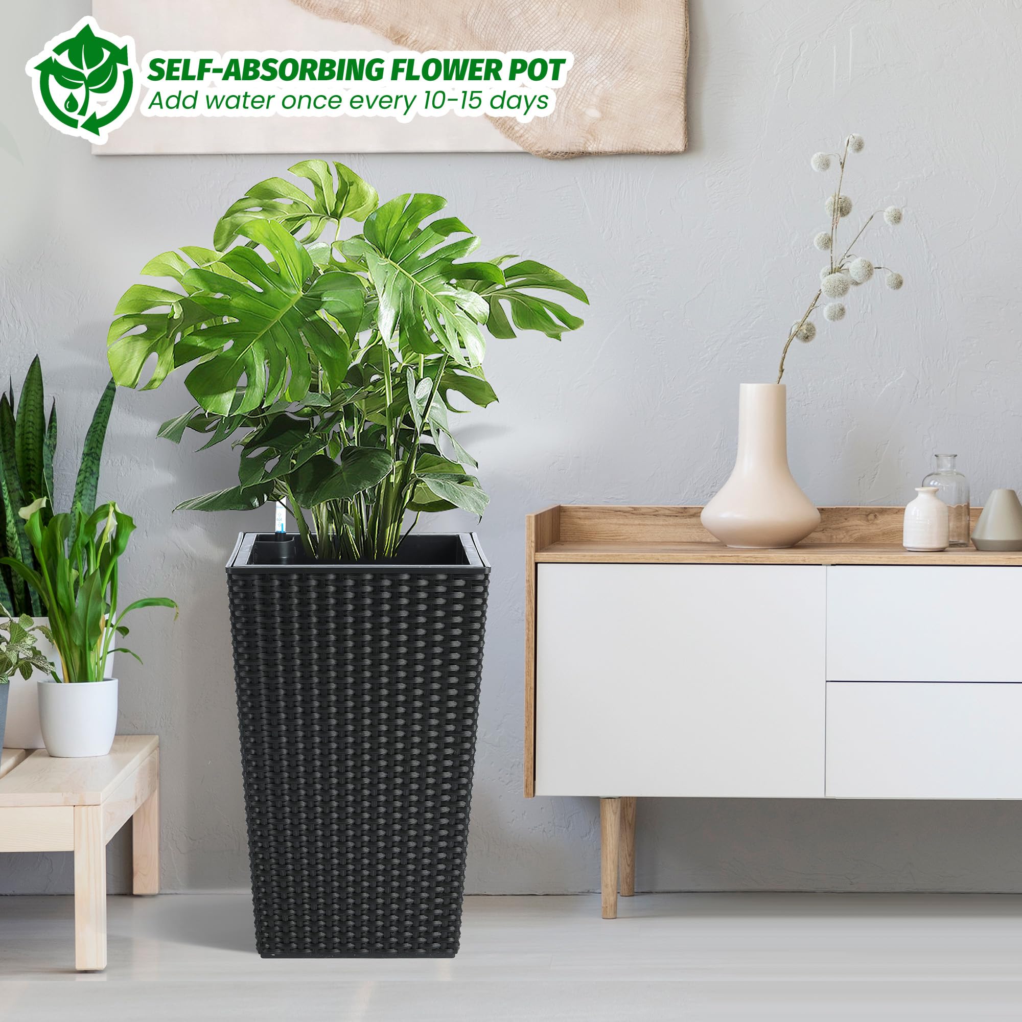 Garvee 16 Inch Tall Rattan Planter Set with Water Level Monitor & Wheels, Durable Plastic, Self-Watering & Drainage, Indoor & Outdoor Use