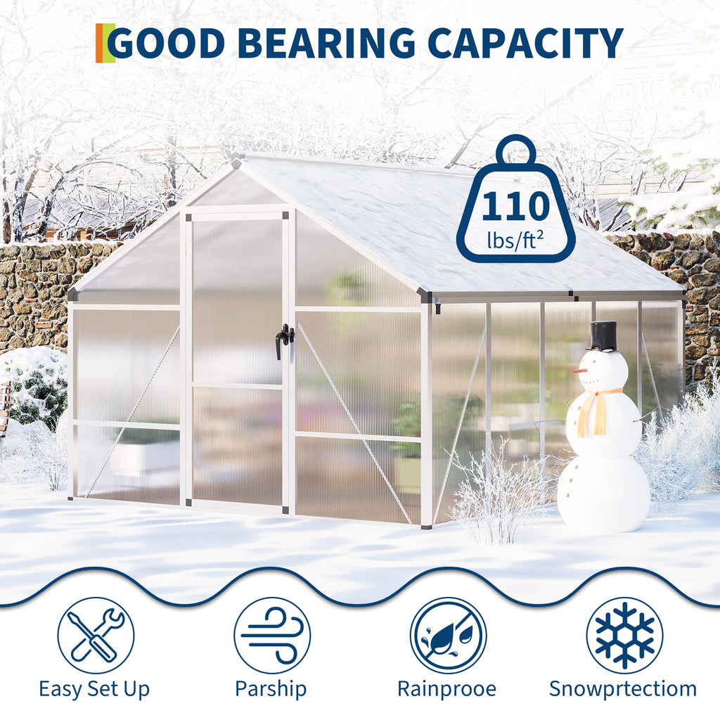 Garvee 8' × 10' Polycarbonate Greenhouse, Walk-In Garden House with Roof Vent, Silver