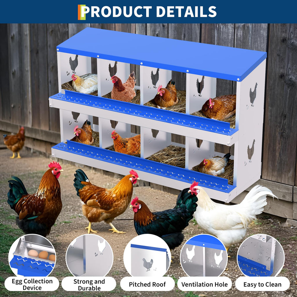 Garvee 8-Hole Chicken Nest Box Heavy Duty Galvanized Steel  Ventilation System Bioengineering Design Blue for Hens Ducks Small Poultry