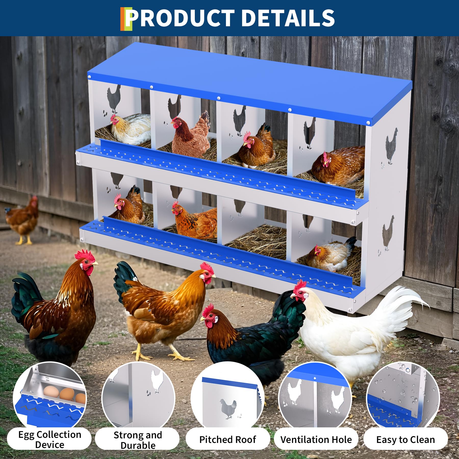 Garvee 8-Hole Chicken Nest Box Heavy Duty Galvanized Steel  Ventilation System Bioengineering Design Blue for Hens Ducks Small Poultry
