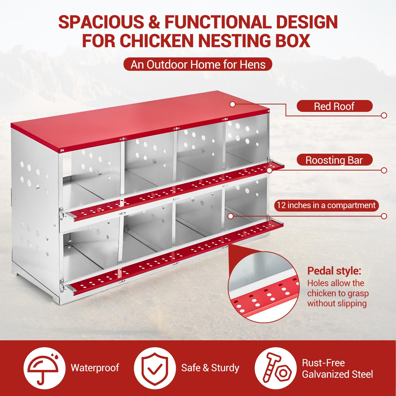 GARVEE Galvanized Steel Nesting Box - 6 Compartments w/Vented Holes, Swing Perch & Removable Dividers for Easy Coop Installation