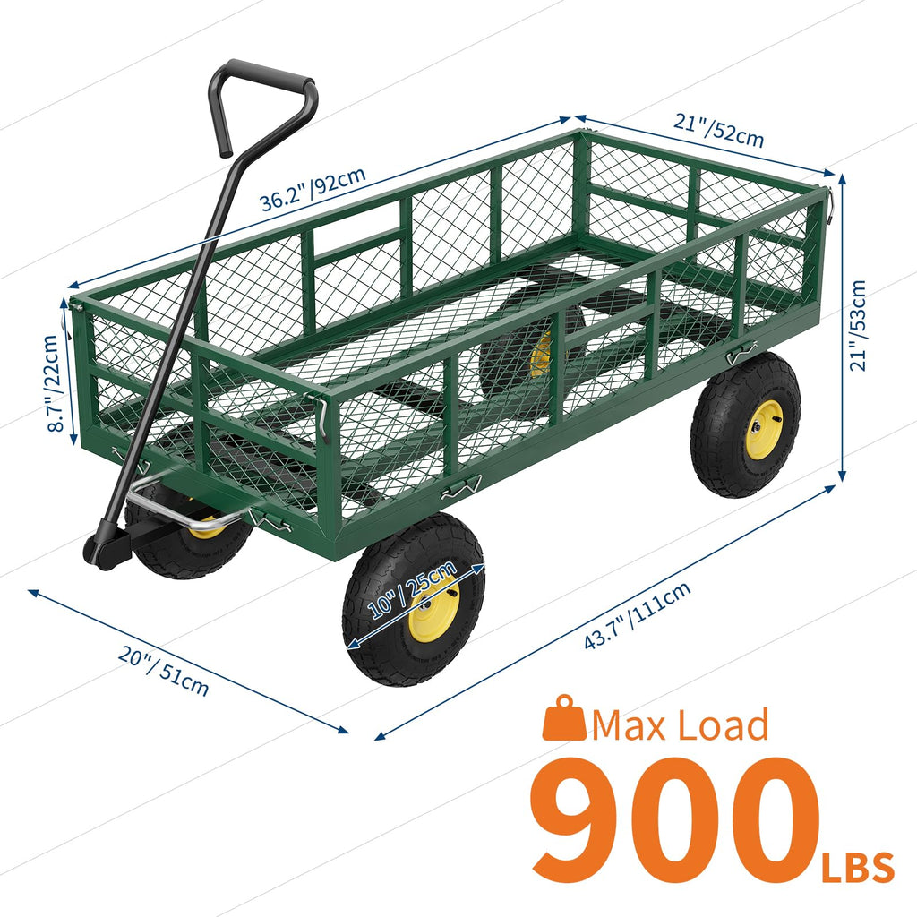 Garvee Garden Dump Cart 900 LBS Capacity Quick-Release Dumping Removable Steel Sidewalls 180° Swivel Handle 10" Pneumatic Tires Yard Farm Utility