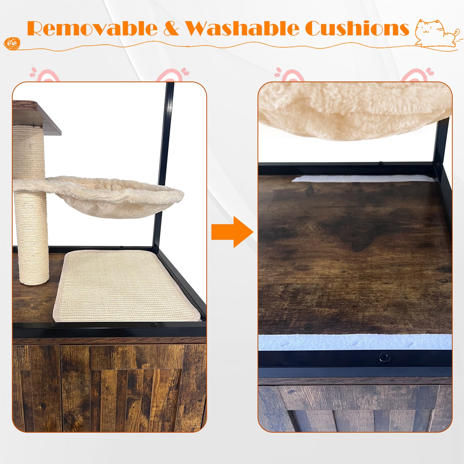 Garvee Cat Litter Box Enclosure Hidden Litter Box Multi-Level Play Area Durable Particleboard Metal Frame Anti-Tip Kit Wheels Indoor Cat Furniture