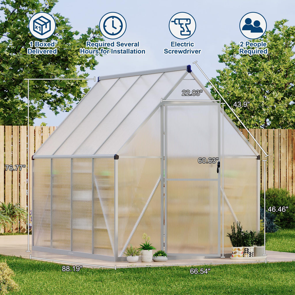 Garvee 6x7 FT Heavy Duty Aluminum Polycarbonate Greenhouse – Large Walk-In Structure, Quick Setup, Roof Vent, Lockable Door, Rain Gutter – Ideal for Patio, Backyard, Garden – Silver