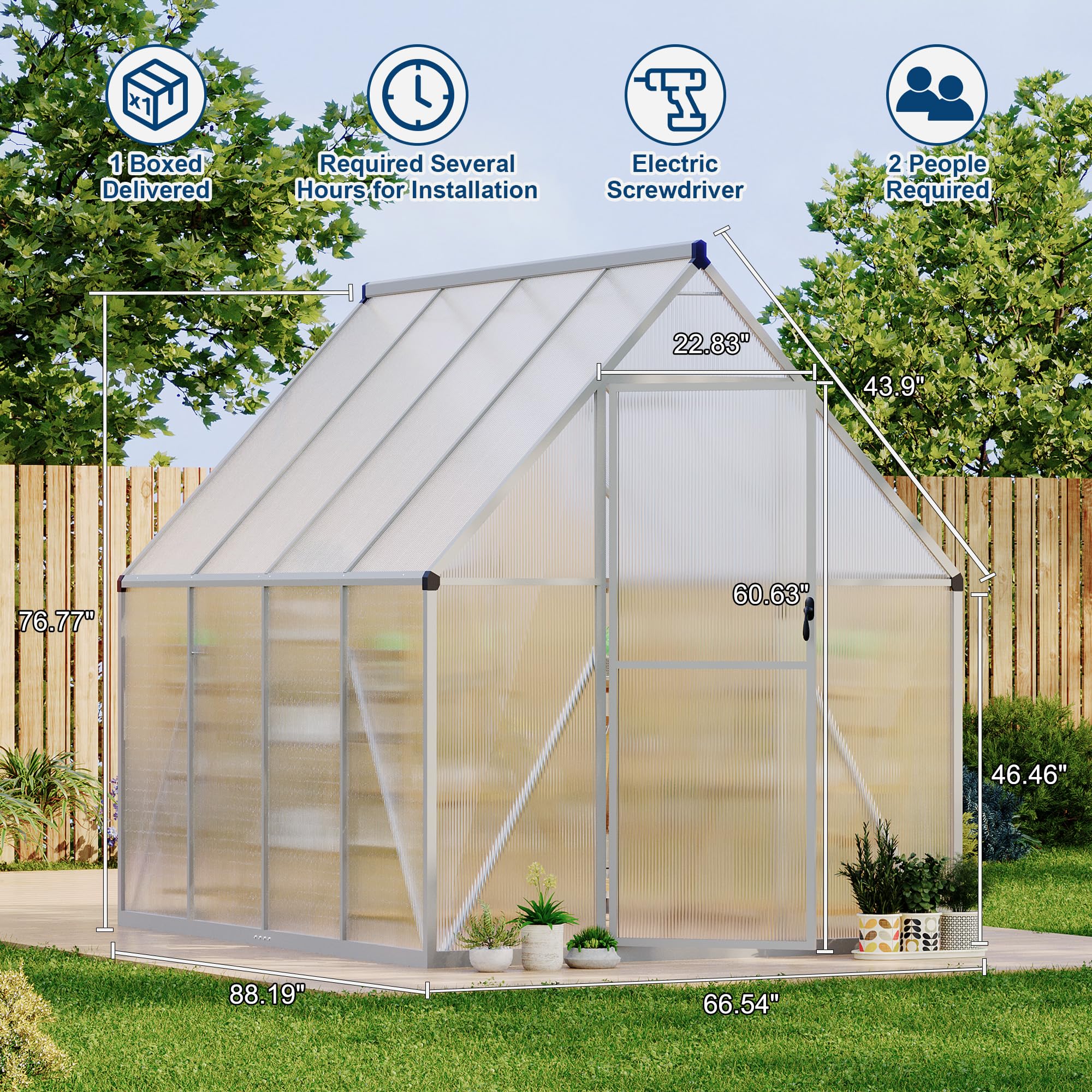 Garvee 6x7 FT Heavy Duty Aluminum Polycarbonate Greenhouse – Large Walk-In Structure, Quick Setup, Roof Vent, Lockable Door, Rain Gutter – Ideal for Patio, Backyard, Garden – Silver