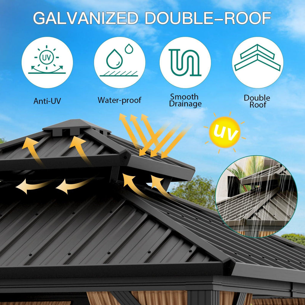 Garvee 10x10ft Hardtop Gazebo Outdoor Aluminum Frame Double Roof Waterproof Metal Roof Netting Curtains Backyard Patio Deck Poolside