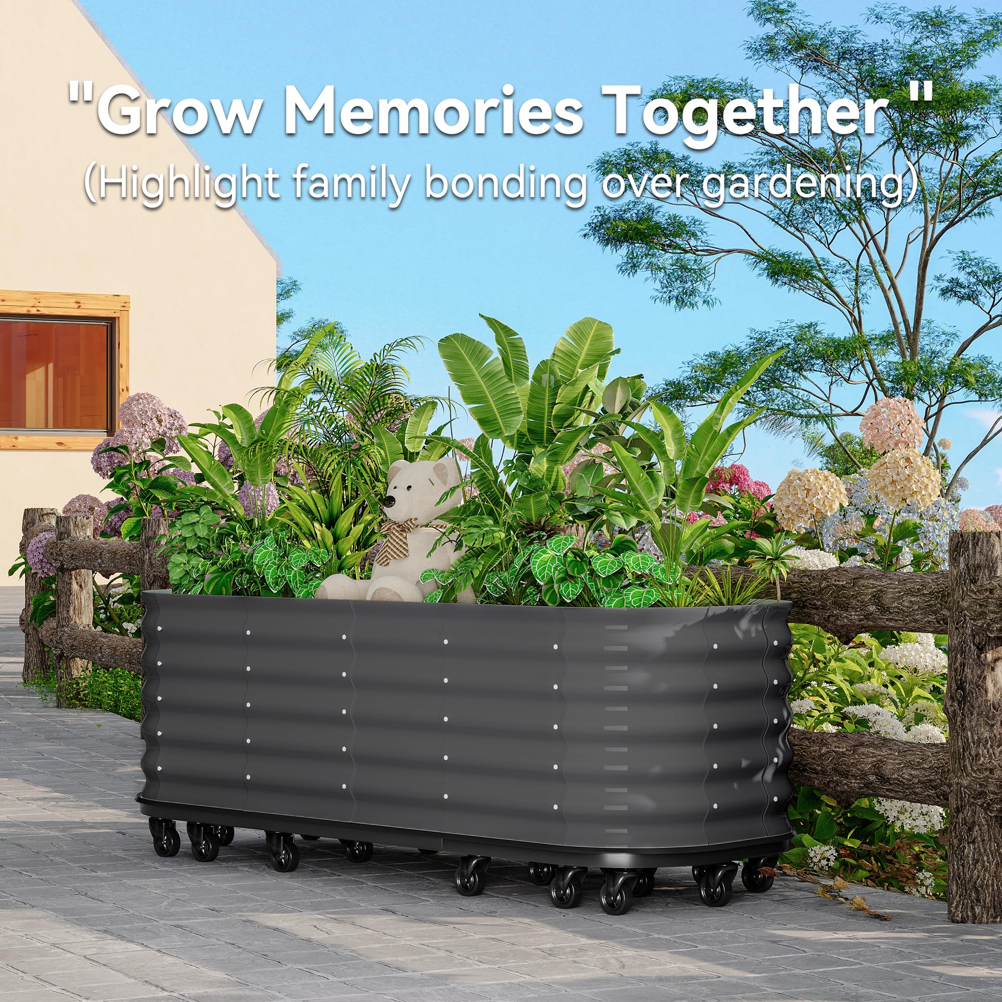 Garvee Mobile Raised Garden Bed with Water Reservoirs, Lock Wheels, Rustproof Galvanized Steel, Wave Panels, Compact Design for Patio & Indoor Herbs