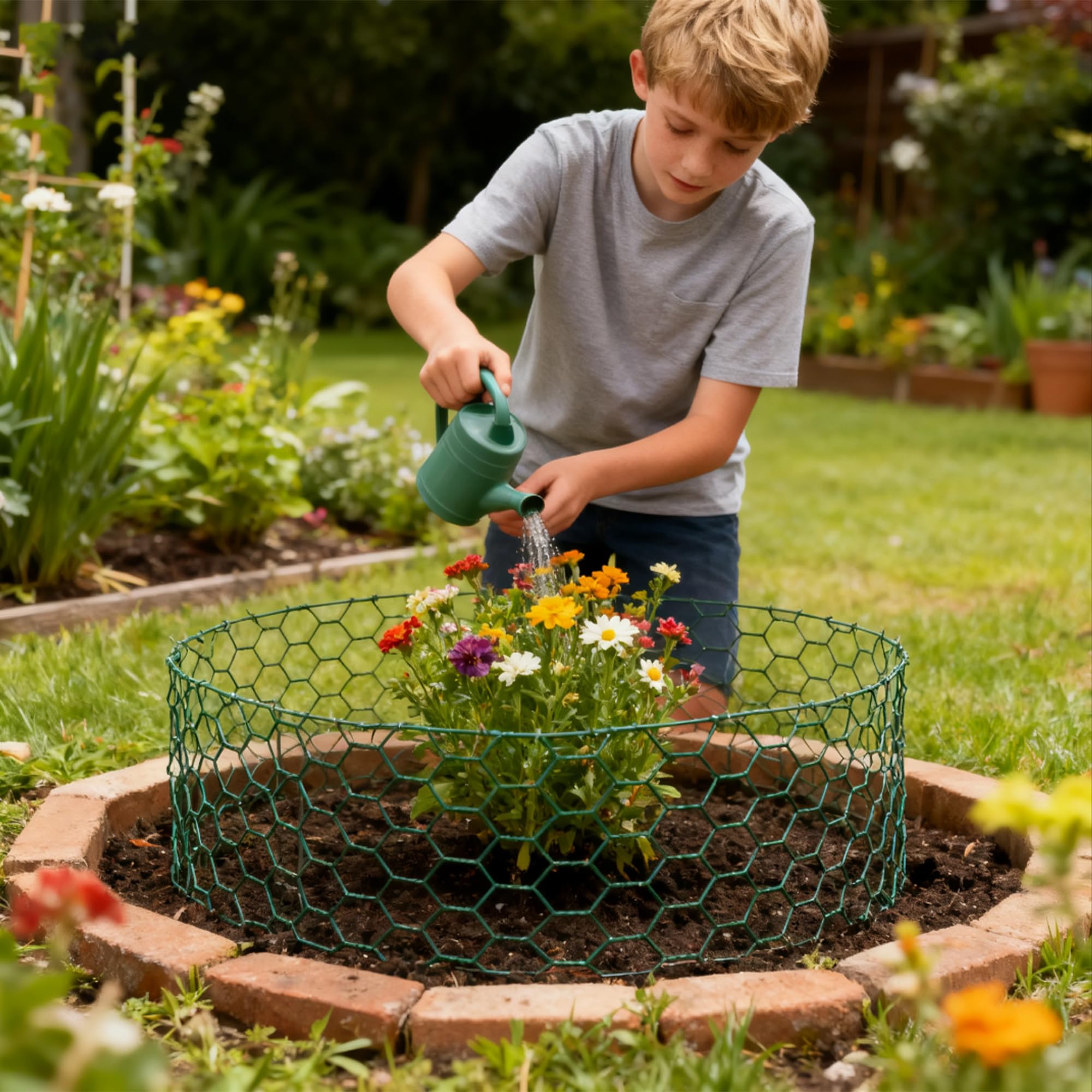 Garvee Garden Plant Protection Netting Kit Vinyl-Coated Wire Mesh Adjustable Reusable Cut-Resistant Gloves 150 Zip Ties 15 Stakes DIY Fence for Vegetables Flowers