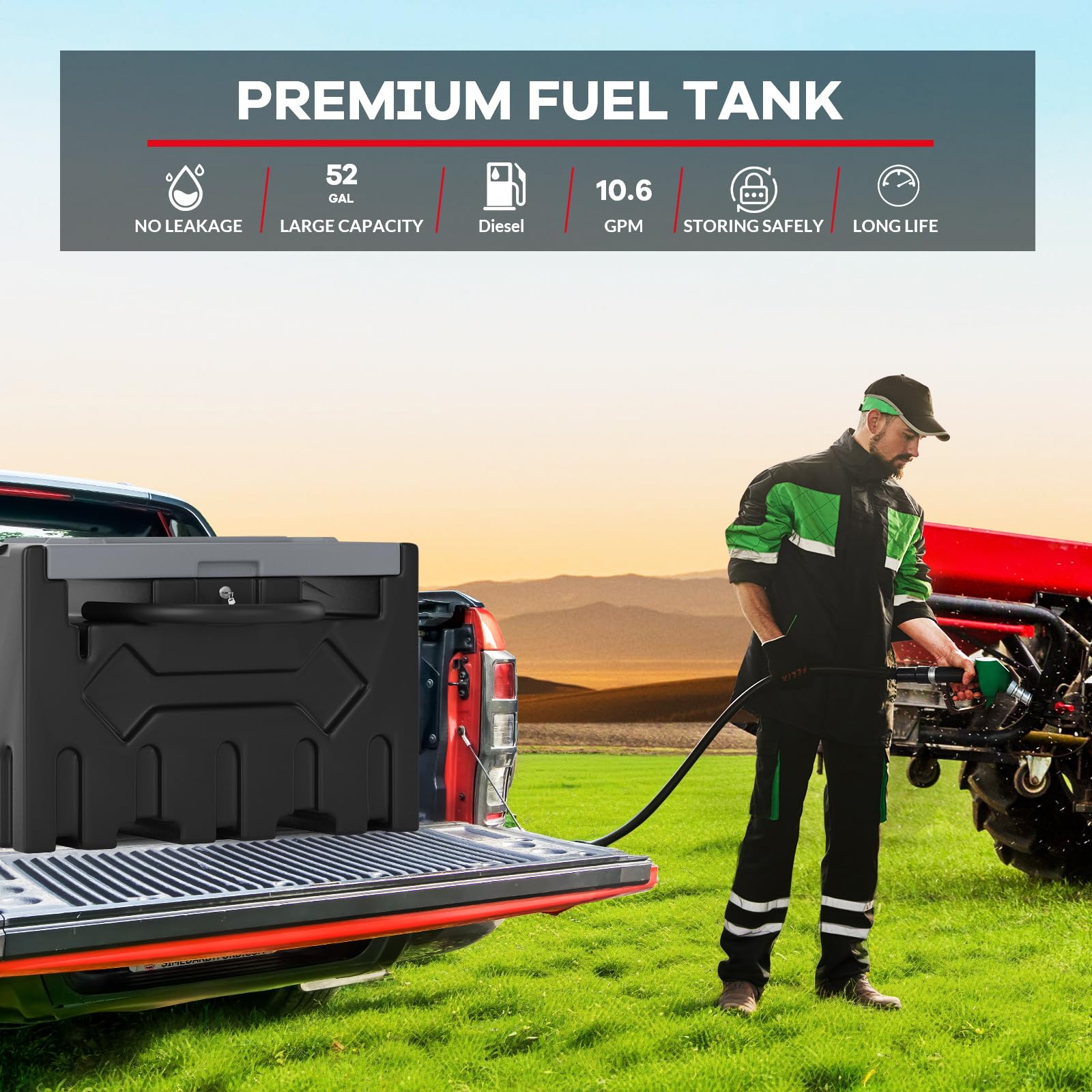 Garvee 52 Gallon Portable Diesel Fuel Tank with 12V Electric Pump, Auto Shut-Off Nozzle, HDPE, Dual Filtration, 15ft Hose, Forklift Pockets for Construction Farms