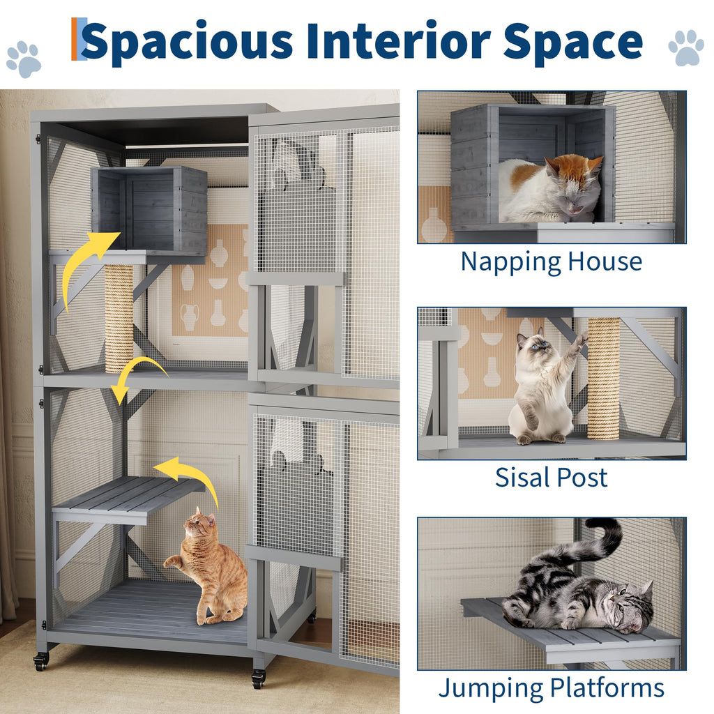 Garvee 4 Tier Wood Catio Outdoor Window Cat Enclosure with Scratch Post & Resting Box, Weatherproof Roof, Lockable Casters, Dual Sliding Doors, Indoor-Outdoor Playpen
