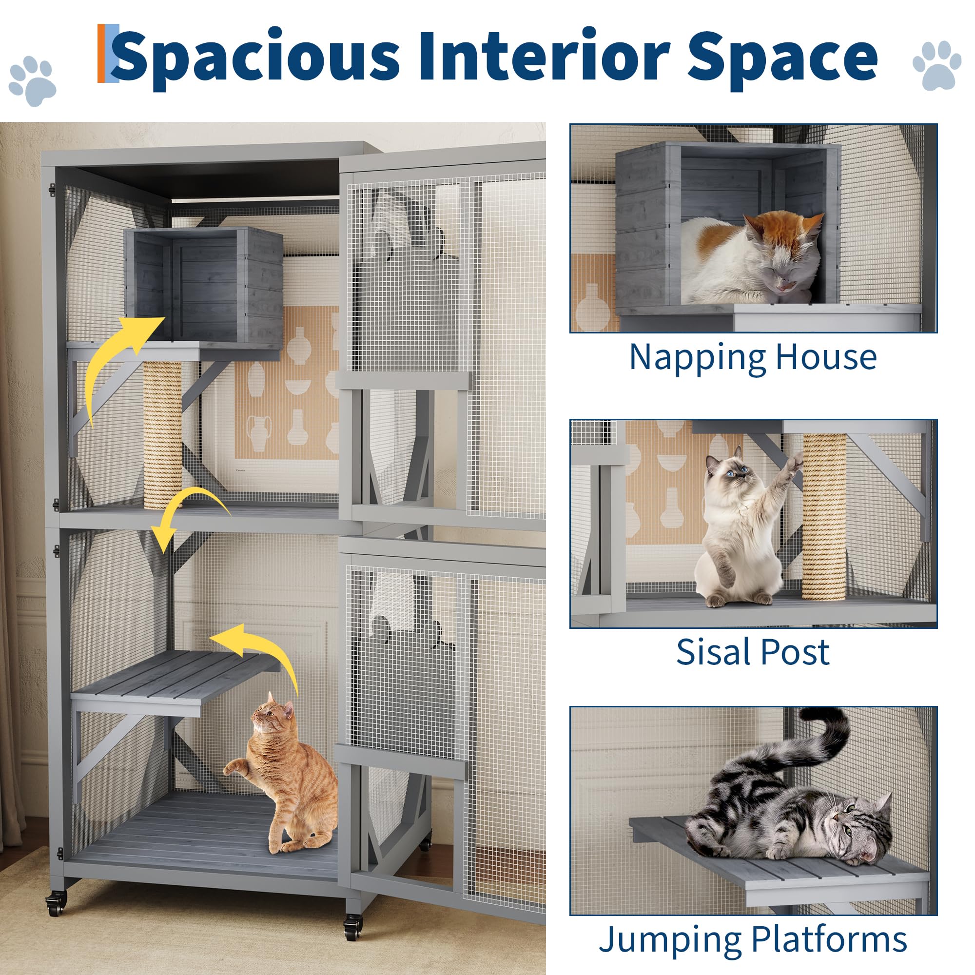 Garvee 4 Tier Wood Catio Outdoor Window Cat Enclosure with Scratch Post & Resting Box, Weatherproof Roof, Lockable Casters, Dual Sliding Doors, Indoor-Outdoor Playpen