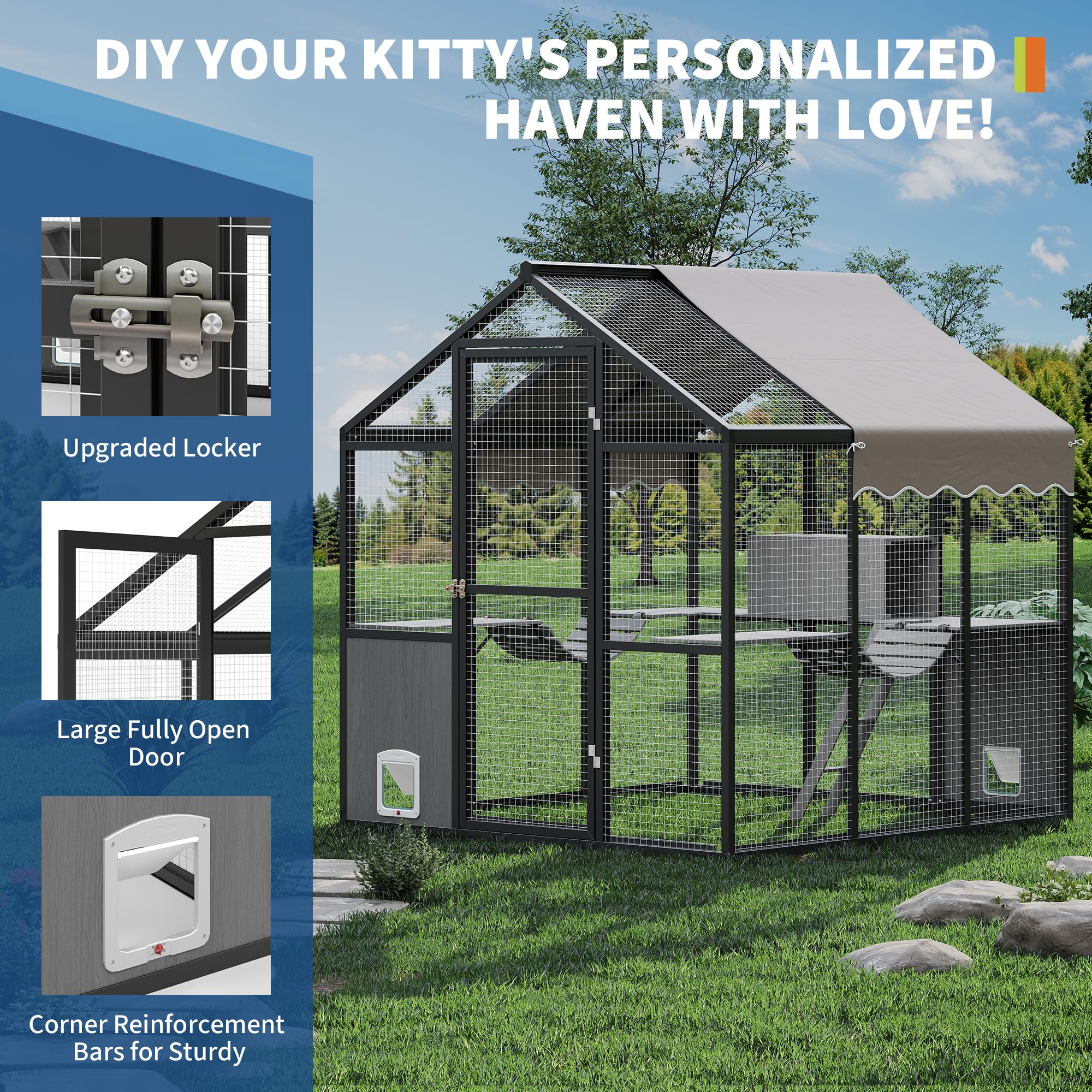 Garvee Catio Outdoor Cat Enclosure, Large Catio with Weatherproof Roof, Channels & Side Door, UV Proof Cover, Huge Condo, Platform, Aluminum Outdoor Cat Enclosure, 70"Lx72"Wx76"H