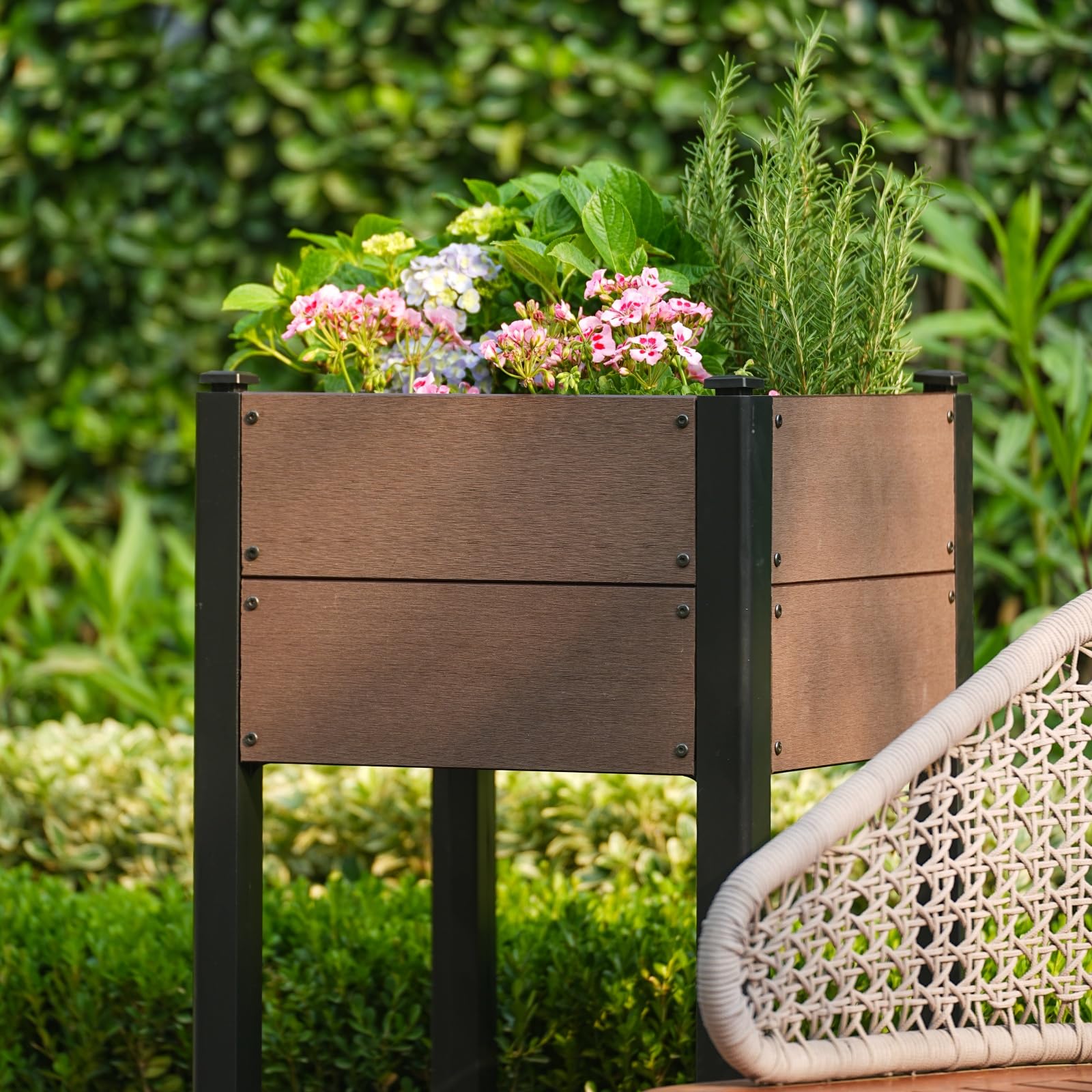 Garvee 19" × 33" HDPE Elevated Raised Garden Bed, Wood-Grain Planter Box with Black Aluminum Frame & Storage Shelf, Brown