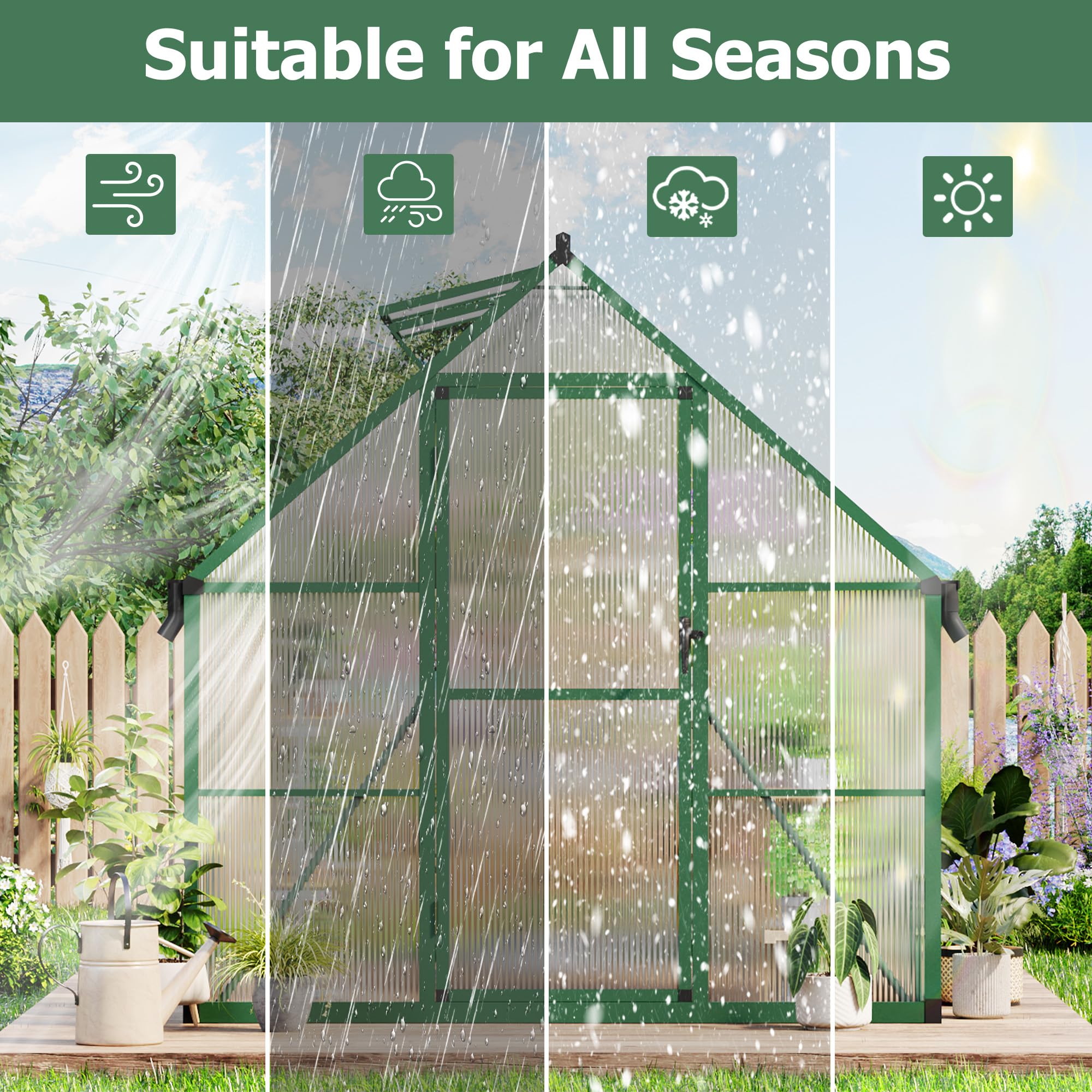 Garvee 6' x 9' Polycarbonate Walk-In Greenhouse, Aluminum Frame Greenhouse with 4mm Twin-Wall Panels, Lockable Door, Roof Vent & Ground Stakes, Green