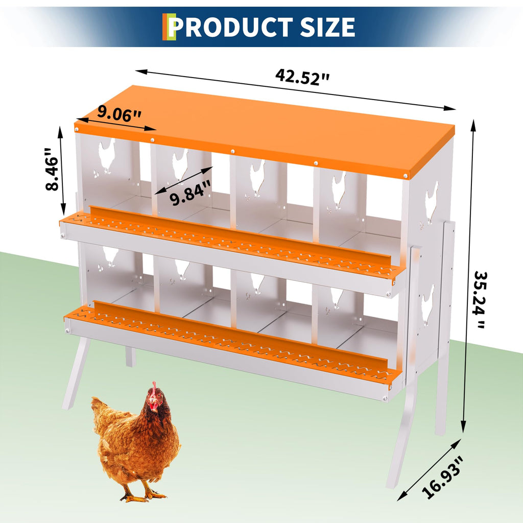 Garvee 8-Hole Bracket Legs Chicken Nesting Box Galvanized Steel Rustproof Automatic Egg Collection Ventilated Easy Install Wall or Freestanding for Chicken Coop Orange