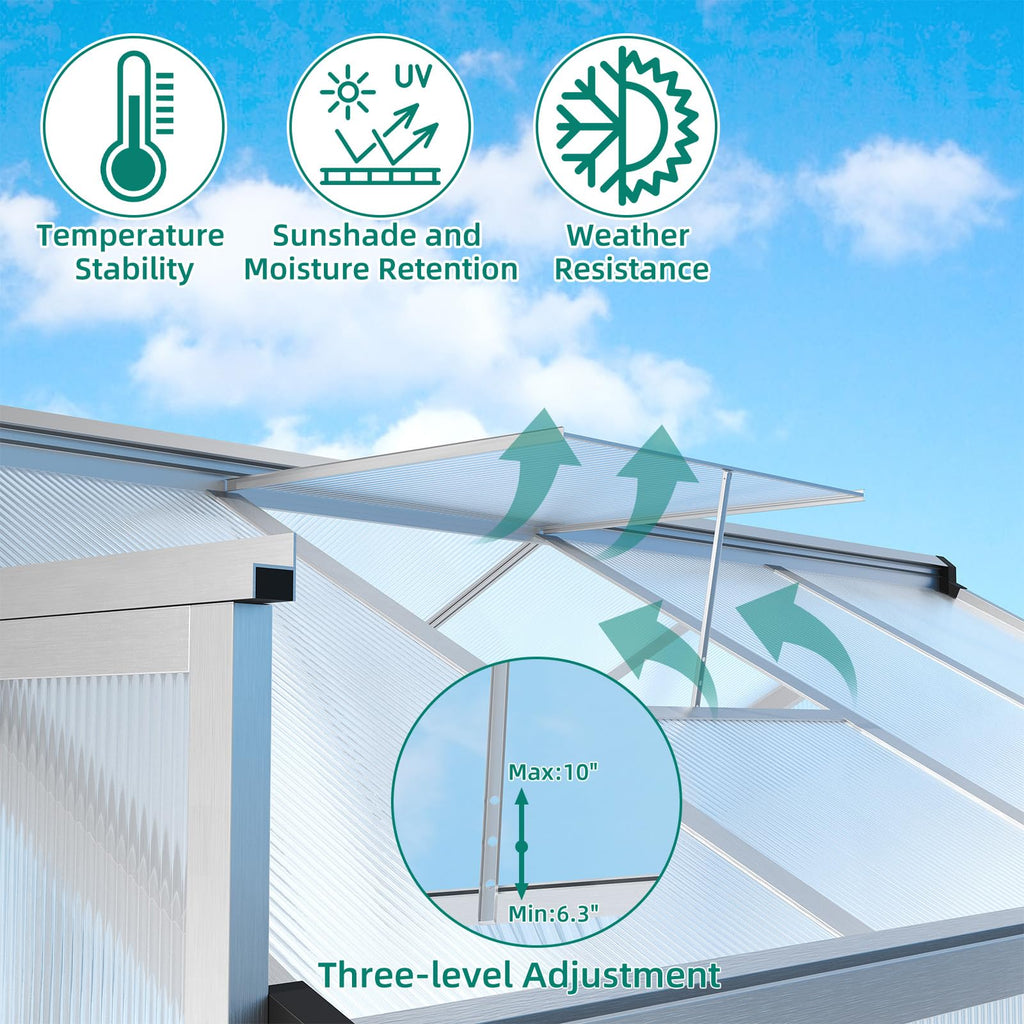 Garvee 6x8 FT Aluminum Greenhouse with Polycarbonate Panels, Roof Vent, Heavy Duty Frame, UV Protection, Walk-in Design for Garden & Patio