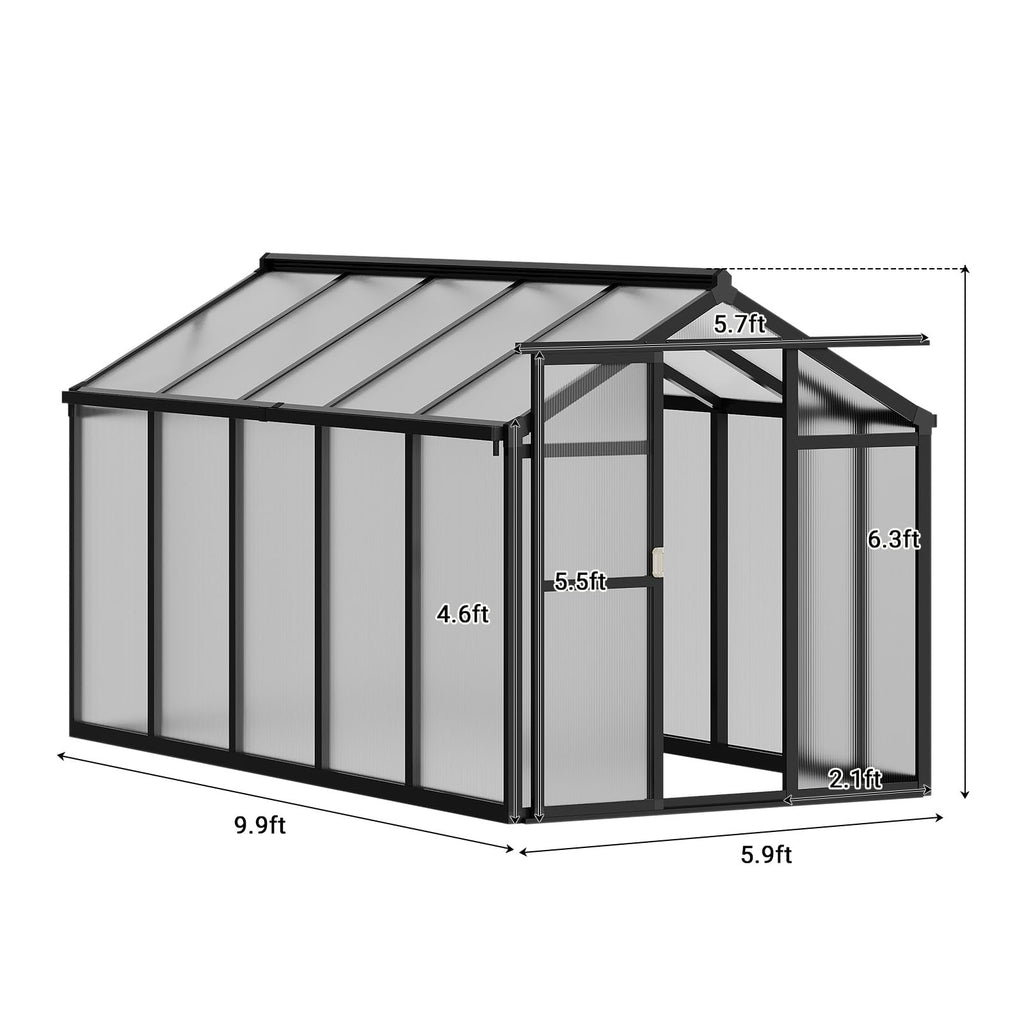 Garvee Outdoor Polycarbonate Greenhouse with Roof Vent & Sliding Lockable Door, Aluminum Frame, Water Gutter Drainage, Black, 6x10FT, Garden Patio Lawn
