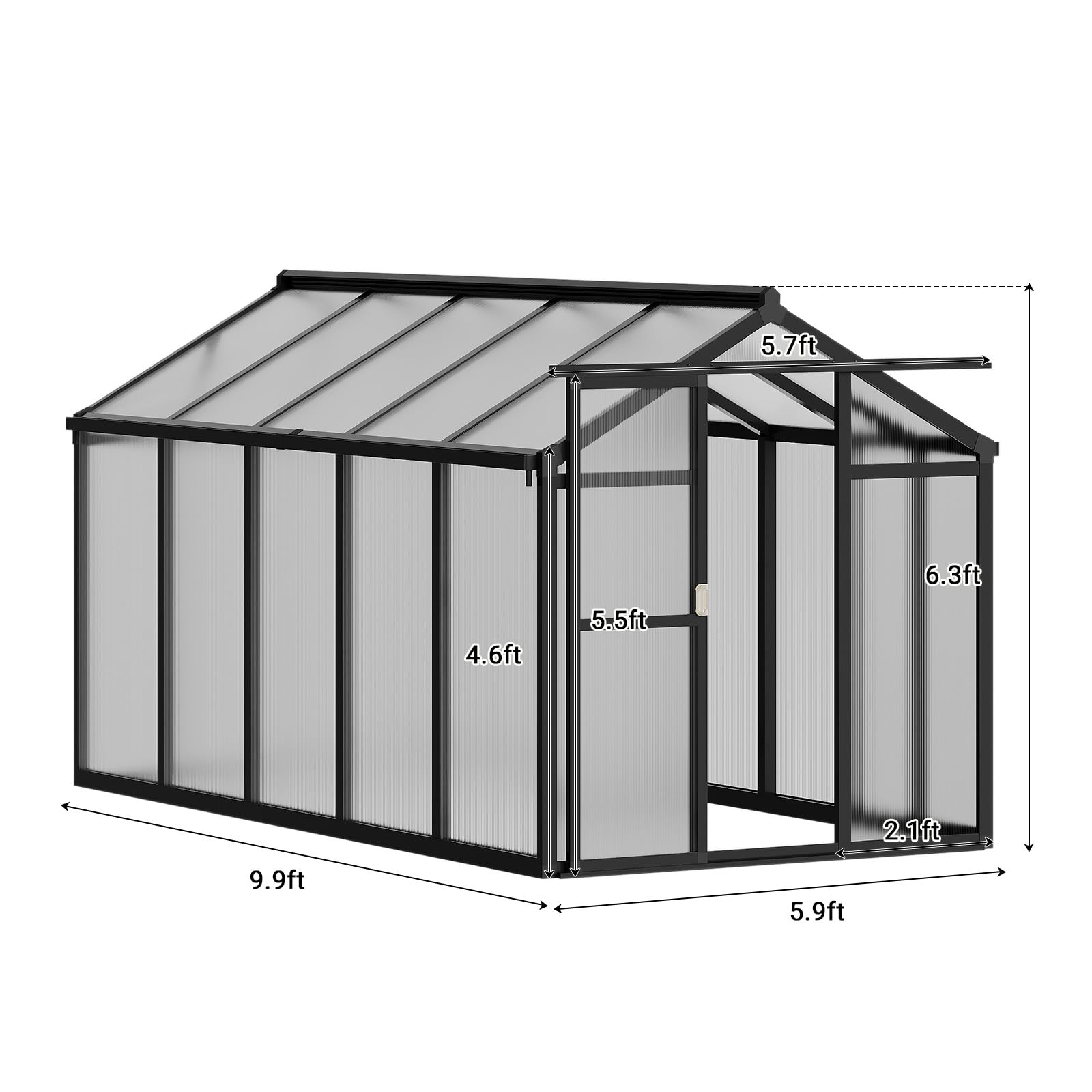 Garvee Outdoor Polycarbonate Greenhouse with Roof Vent & Sliding Lockable Door, Aluminum Frame, Water Gutter Drainage, Black, 6x10FT, Garden Patio Lawn