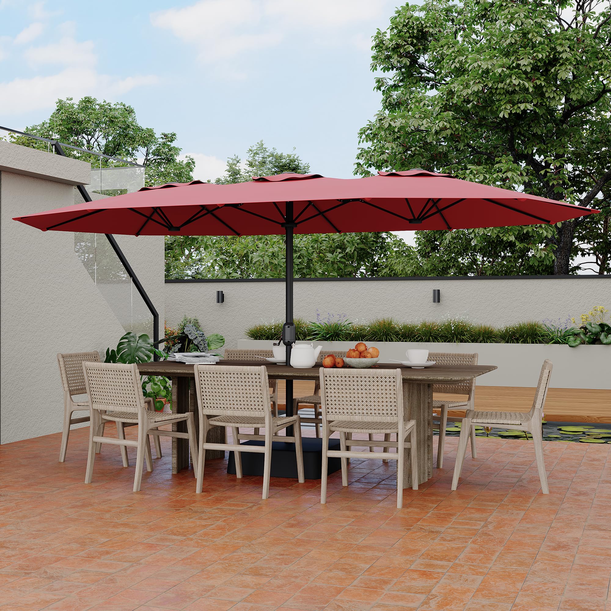 Garvee 15ft Double-Side Rectangular Pool Umbrella with Base - Large 133 sq.ft Shade, Manual Crank, 180G Polyester, Rust-Resistant Steel Ribs - Patio, Poolside, Backyard