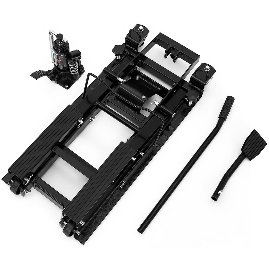 Garvee Hydraulic Motorcycle Lift Jack, 1500 lbs Capacity Steel ATV Hoist with Wheels, Adjustable Height, 3-Position Safety Lock, Portable Garage Lifting Stand，Black