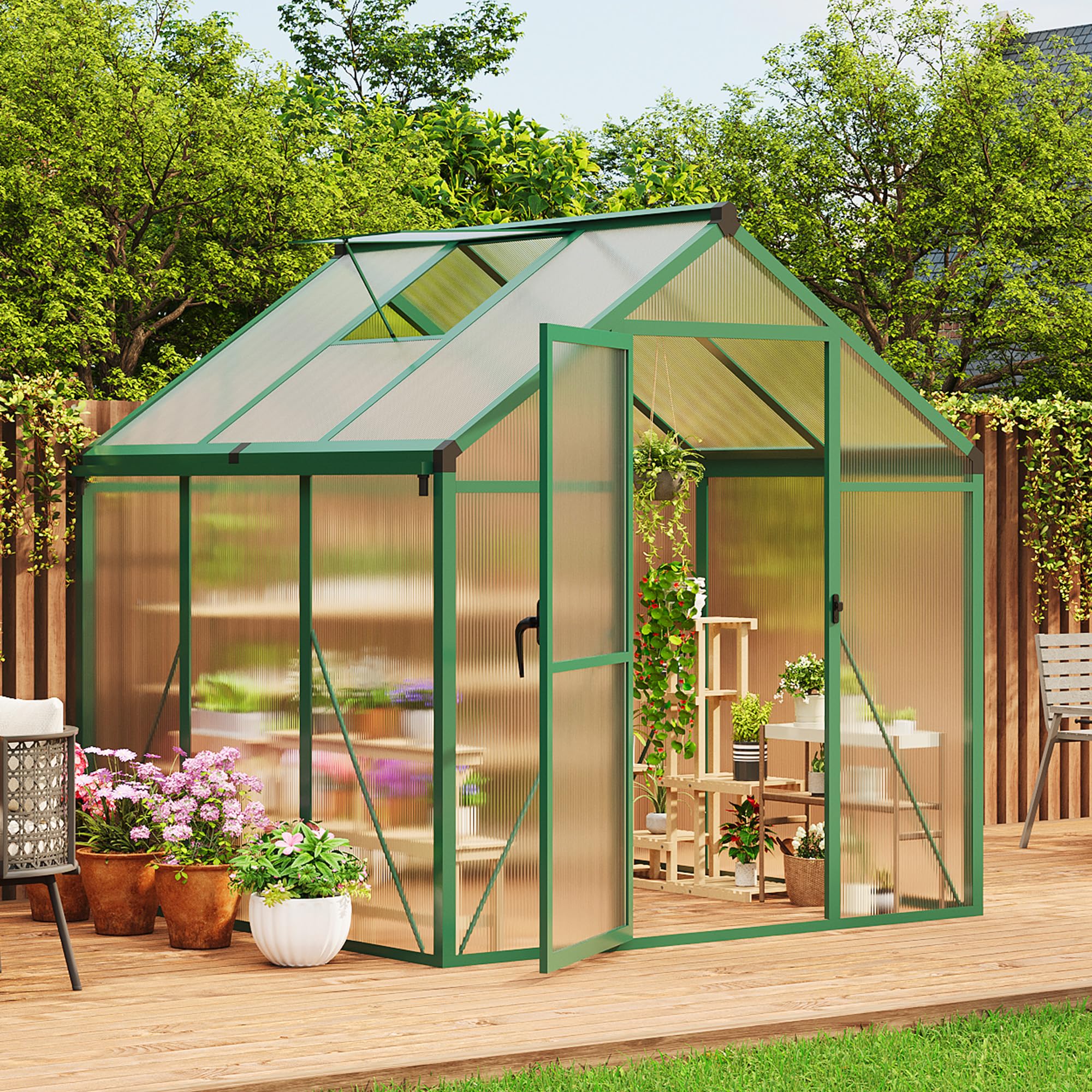 Garvee 6x6 FT Walk-In Greenhouse with Heavy Duty Aluminum Frame & PET Panels, Drainage System and Easy Assembly, Outdoor Green House for Backyard Garden Planting, Patio, Lawn