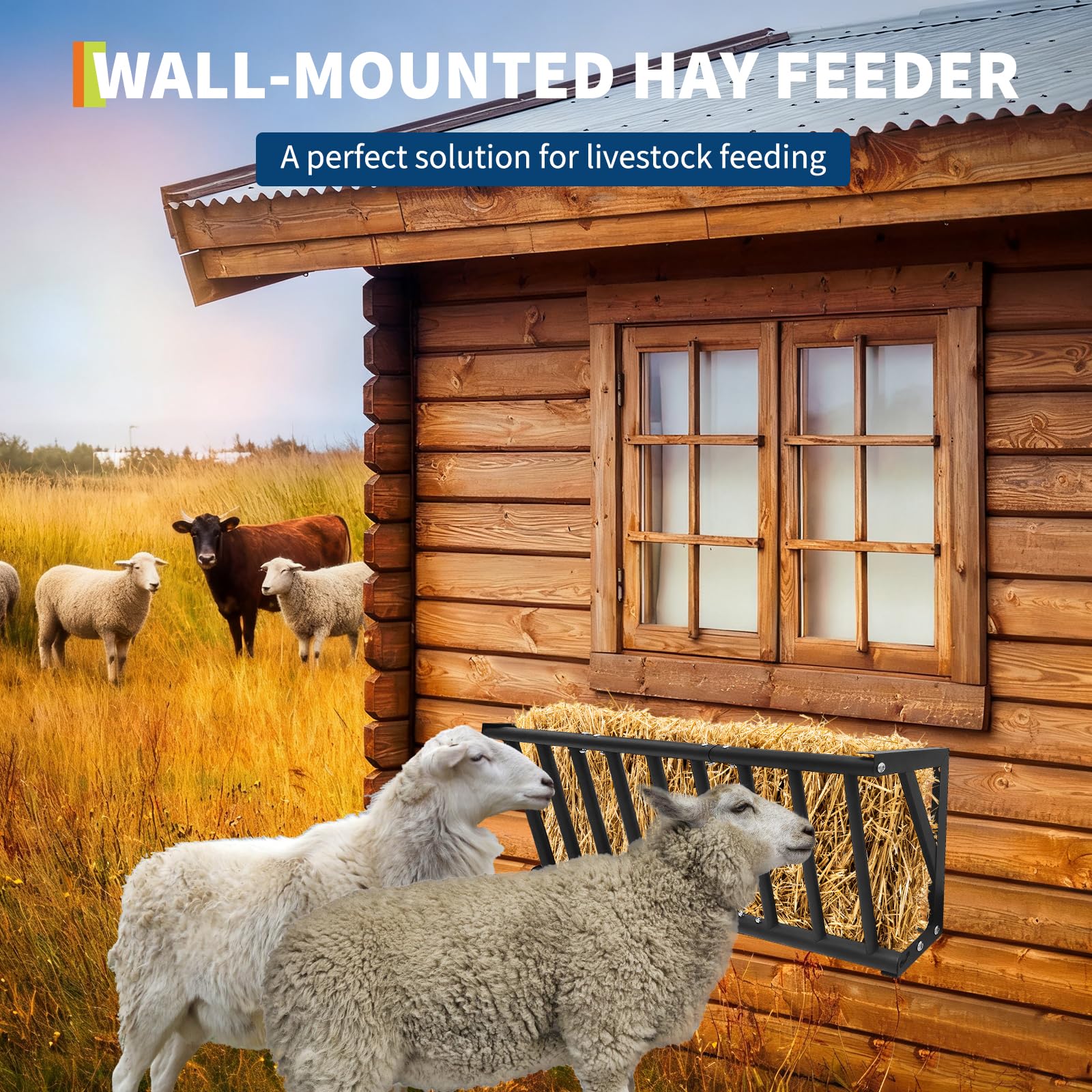 Garvee Wall Mount Hay Rack Livestock Feeder 40" Long 25 Gallon Capacity Heavy Duty Carbon Steel Rust-Resistant Easy Install Indoor Outdoor