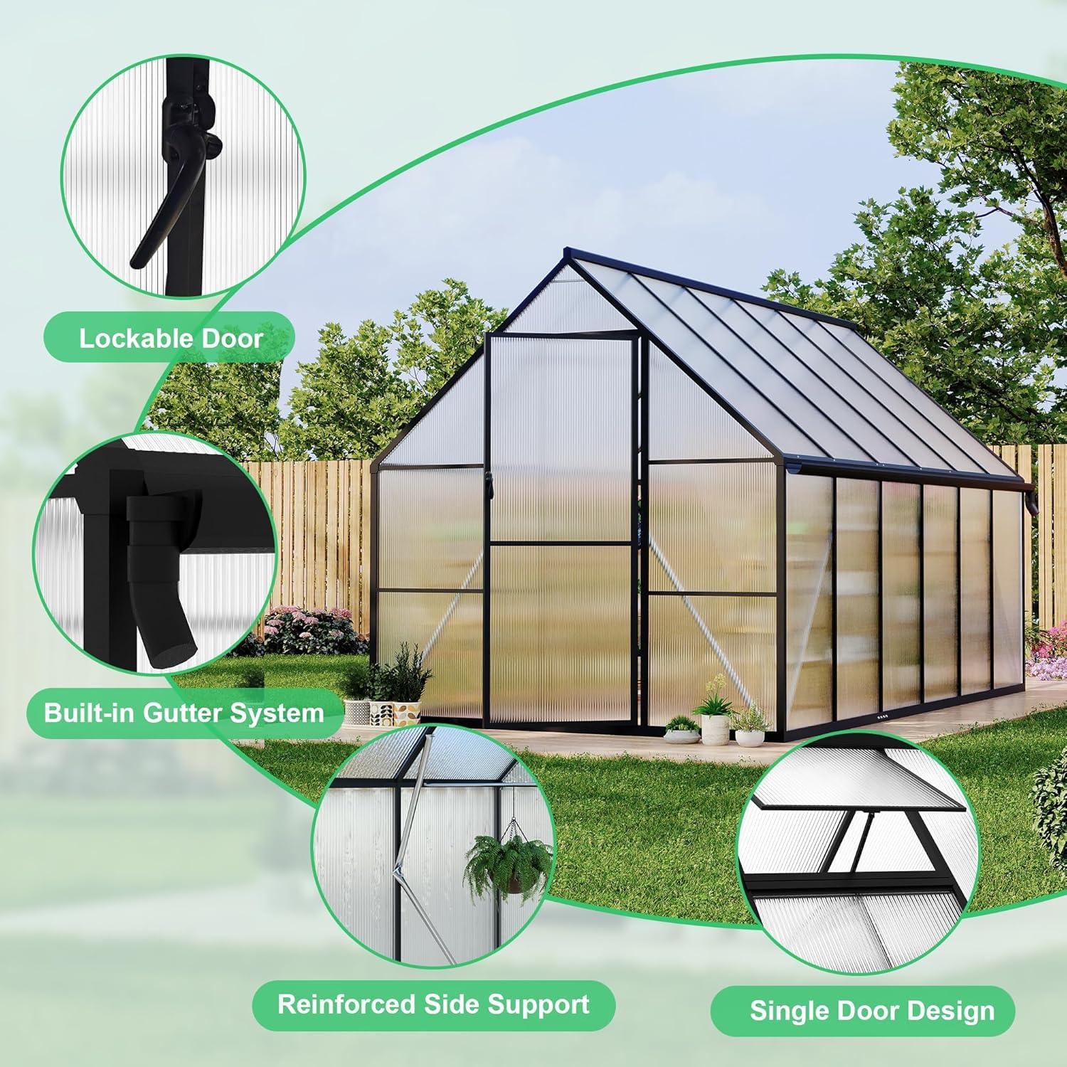 Garvee Greenhouse 8x14 Aluminum Frame Polycarbonate Panels Quick Setup Roof Vent Durable Weather-Resistant Outdoor Gardening