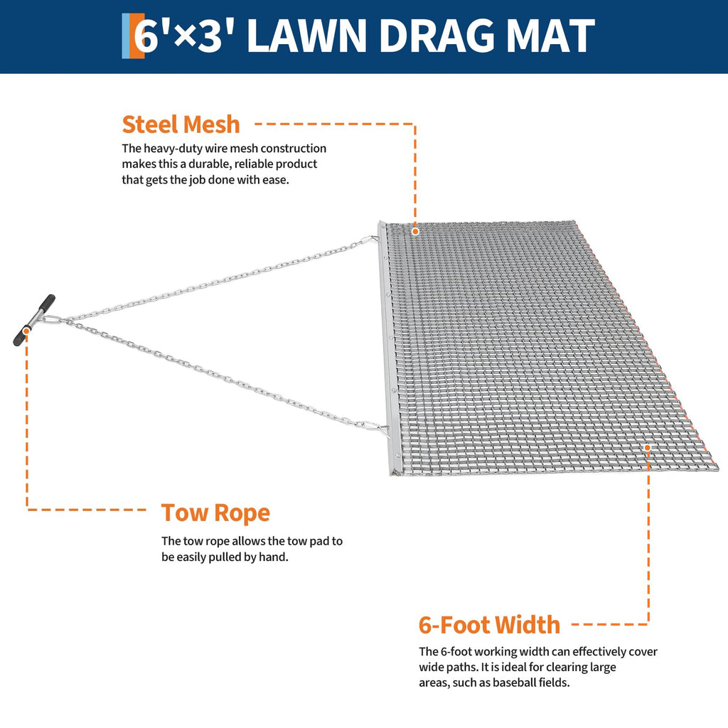 Garvee 6x3 Ft Steel Drag Harrow Heavy Duty Rust Resistant Roll Up Non Slip Handle ATV UTV Farm Lawn Field