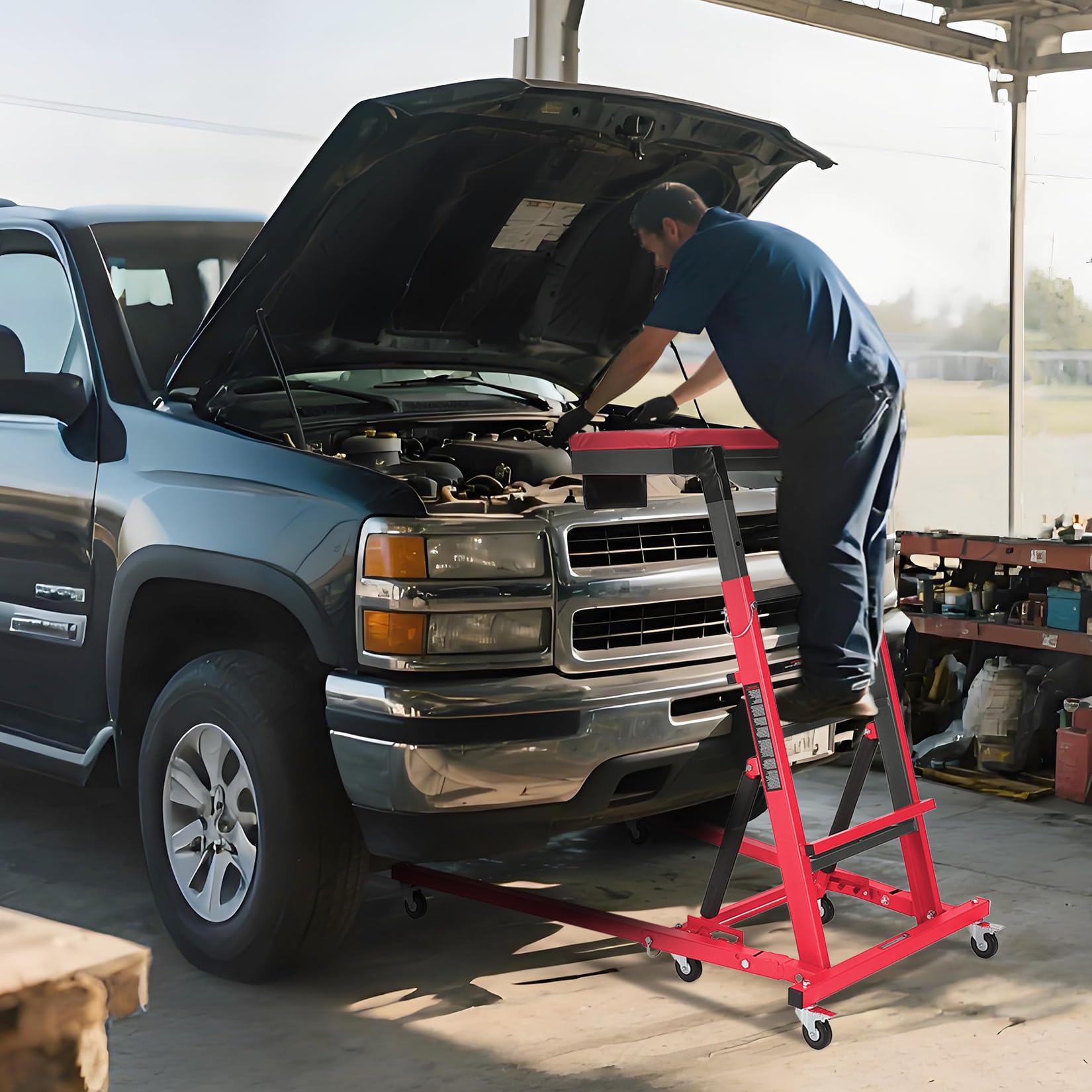 Garvee Top Automotive Creeper Adjustable Height 49.21-68.89" 400 LBS Capacity 6 Swivel Caster Wheels Foldable Steel Frame for Garage Maintenance