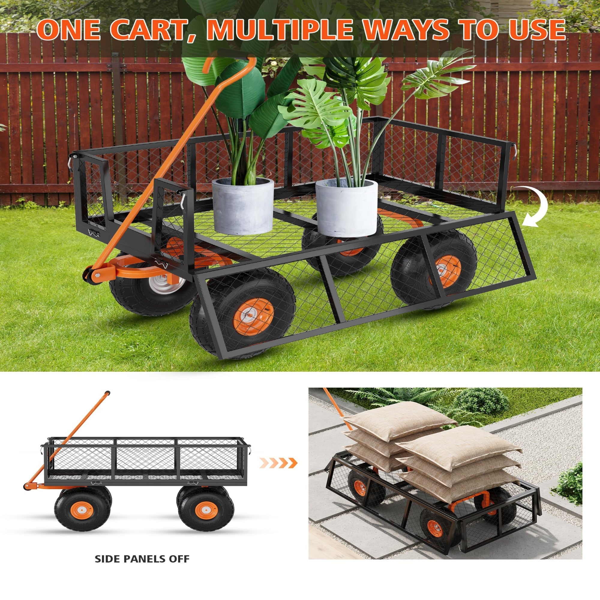 Garvee Steel Garden Cart Mesh Steel Heavy Duty 500lbs Capacity Removable Sides 10-In Tires Yard Lawn Garden