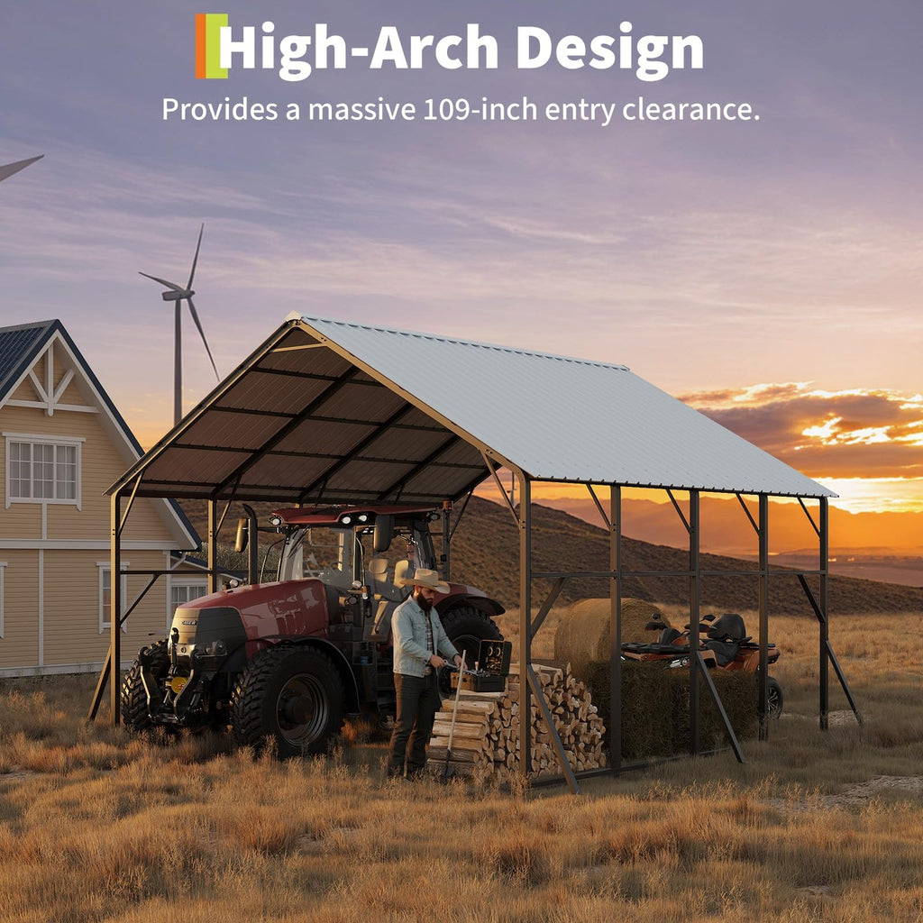 Garvee 20 x 20 ft Metal Carport Kit, Heavy-Duty 2-Car Shelter with 120° Vertical Roof, 173 in Peak Height for RVs & Tractors