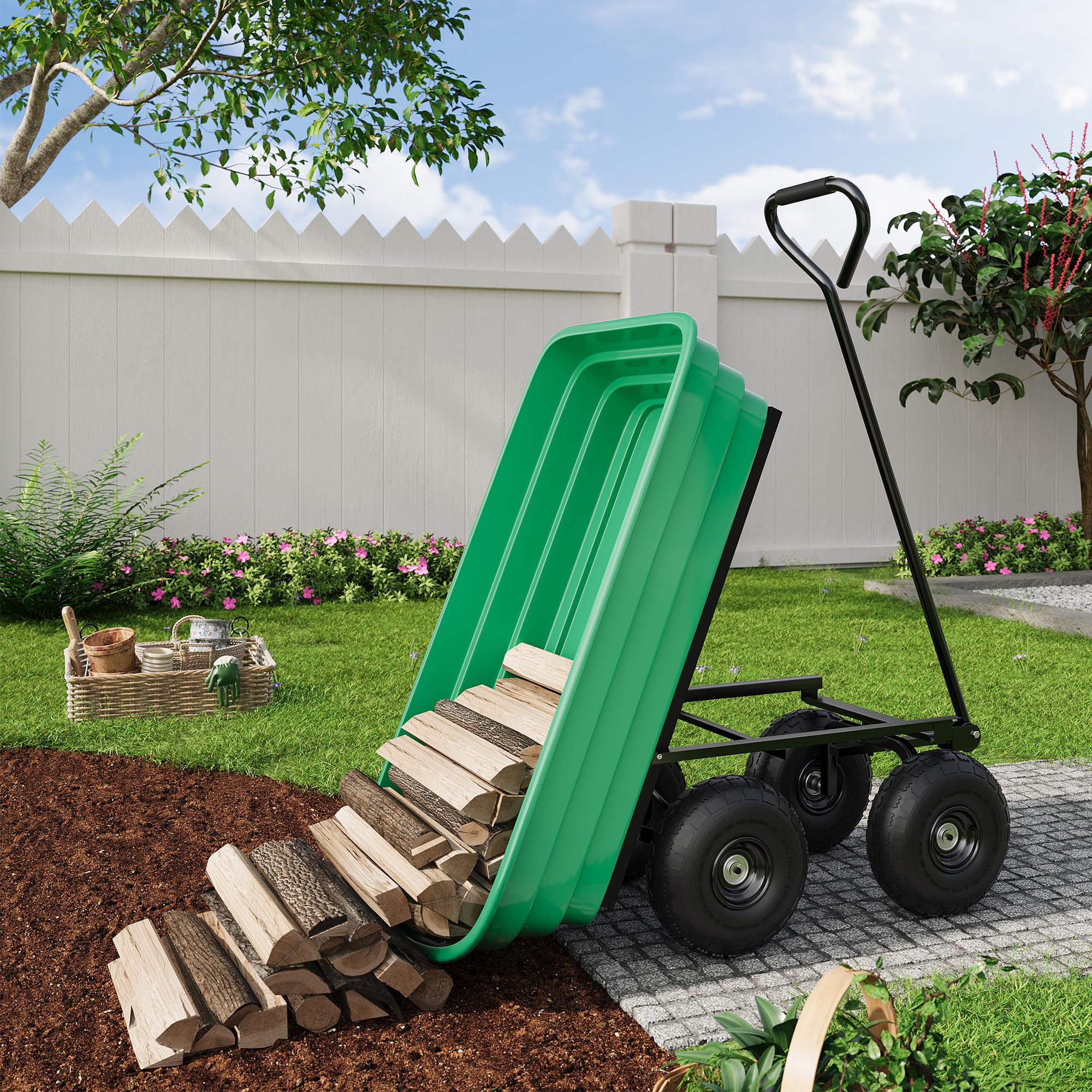 Garvee 1200 lb All-Terrain Yard Wagon, Heavy-Duty Garden Cart with Quick Dump Poly Bed, Adjustable Handle & Pneumatic Tires for Soil, Mulch, Plants & Tools