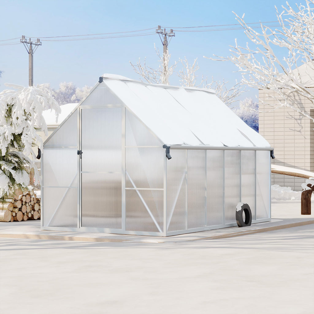 Garvee Heavy Duty 8x12 FT Polycarbonate Walk-In Greenhouse – Reinforced Aluminum Frame, Double Swing Doors, Roof Ventilation, Rain Gutter, Large Outdoor Gardening Space – Silver