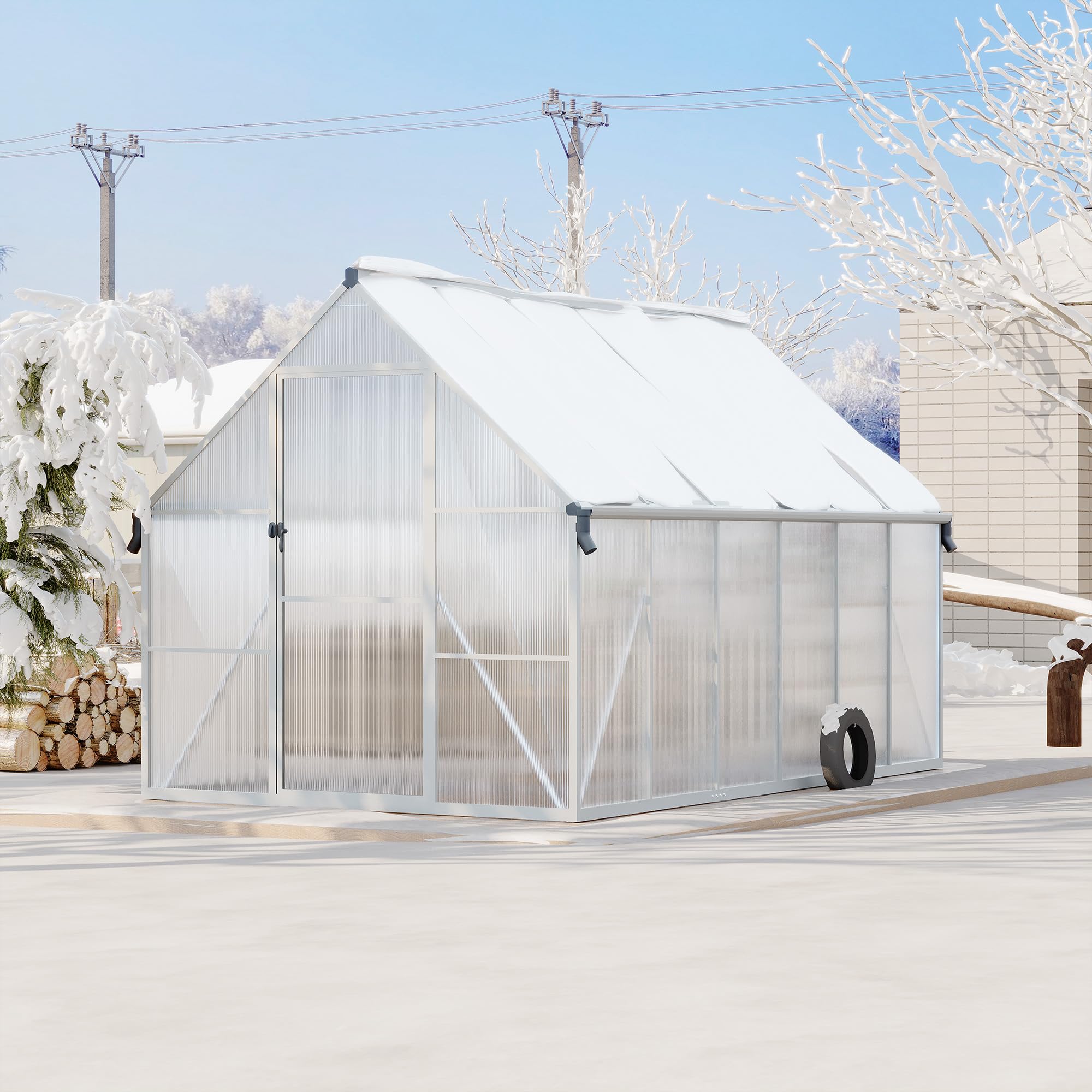 Garvee Heavy Duty 8x12 FT Polycarbonate Walk-In Greenhouse – Reinforced Aluminum Frame, Double Swing Doors, Roof Ventilation, Rain Gutter, Large Outdoor Gardening Space – Silver