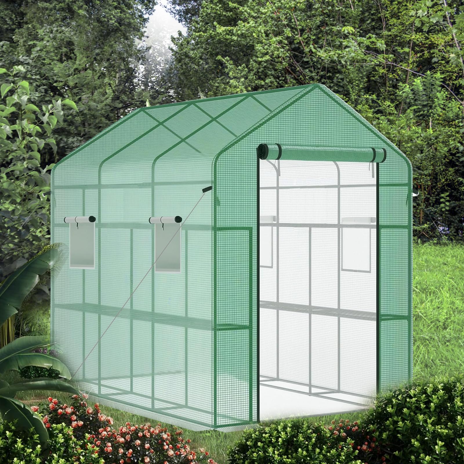 Garvee 85" x 56" x 77" Walk-In Greenhouse, Heavy-Duty Outdoor Plant Tent with UV-Resistant Weatherproof Cover, Mesh Vent Windows for Garden, Backyard & Patio, Green