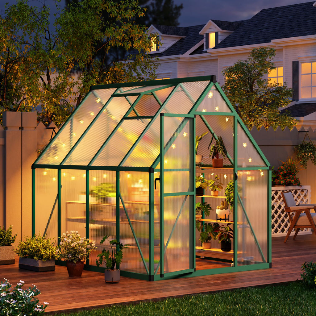Garvee Heavy Duty 6x7 FT Polycarbonate Walk-In Greenhouse – Reinforced Aluminum Frame, Lockable Door, Adjustable Roof Vent, Quick Assembly – Ideal for Outdoor Patio, Backyard, Garden – Green