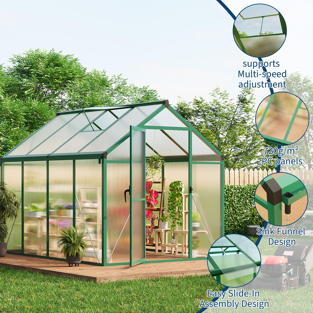 Garvee 6x8 FT Polycarbonate Greenhouse with Roof Vent, Lockable Push Door, Aluminum Frame, Ground Nails, Large Walk-in for Garden Patio Lawn