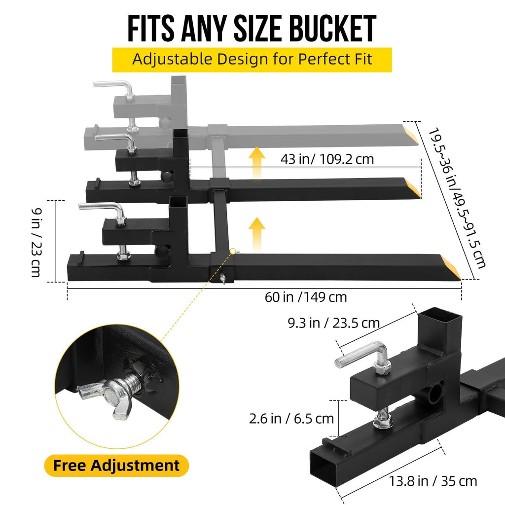 Garvee 60" Heavy Duty Pallet Forks 2000 lbs Capacity Adjustable Stabilizer Bar High-Strength Iron Tubes Universal Fit Loader Skid Steer Farm & Construction