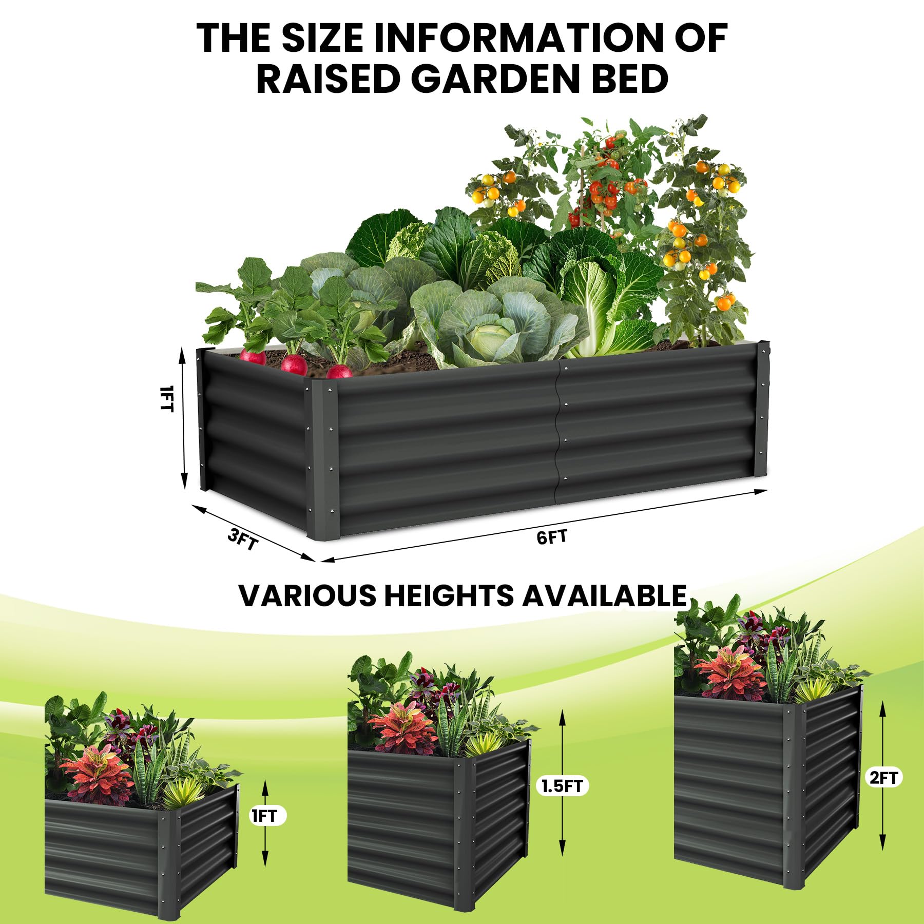 Garvee Galvanized Raised Garden Bed 6x3ft Metal Wave Design Heavy-Duty Steel Open Bottom Drainage Multiple Heights Outdoor Gardening