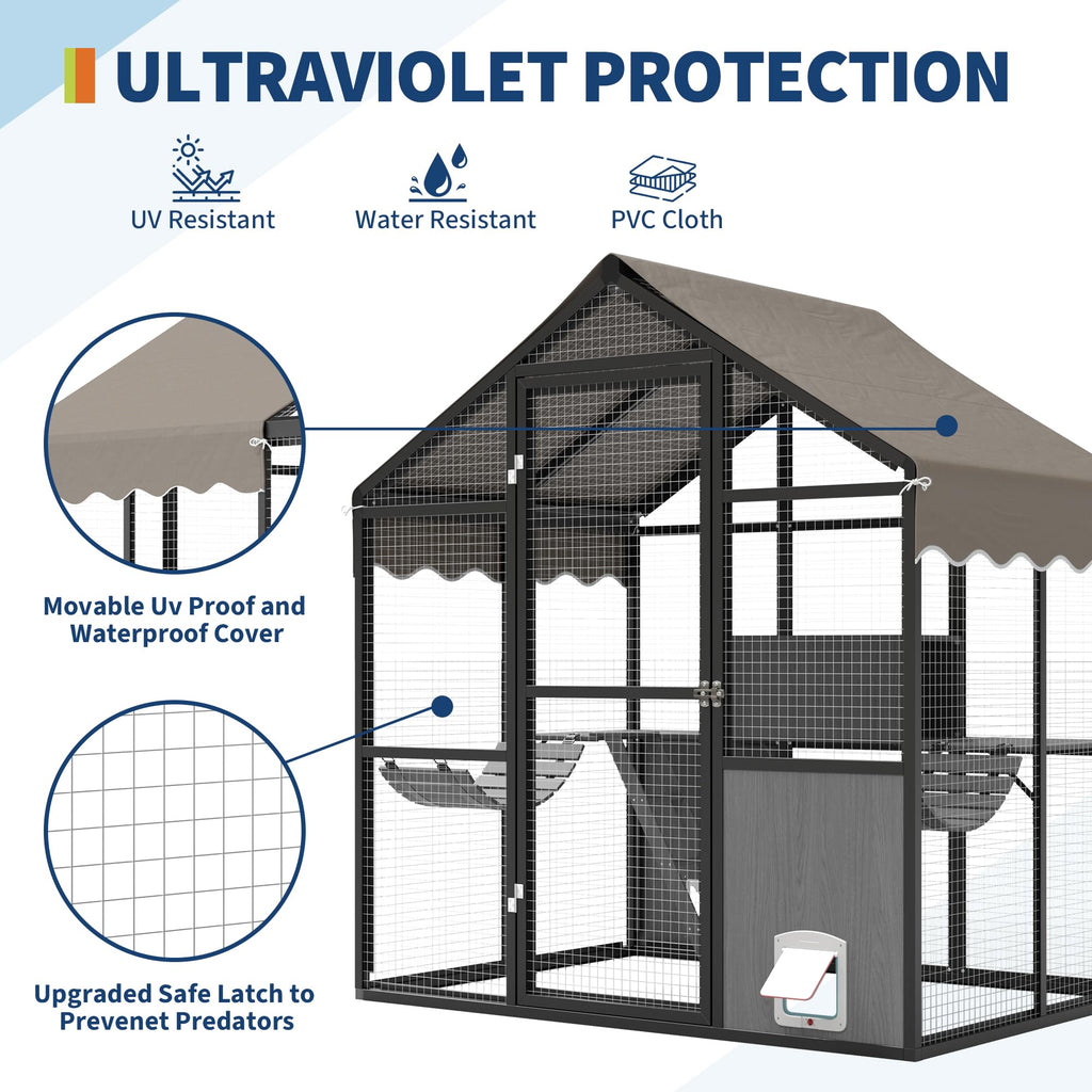 Garvee Catio Outdoor Cat Enclosure, Large Catio with Weatherproof Roof, Channels & Side Door, UV Proof Cover, Huge Condo, Platform, Aluminum Outdoor Cat Enclosure, 70"Lx48"Wx76"H
