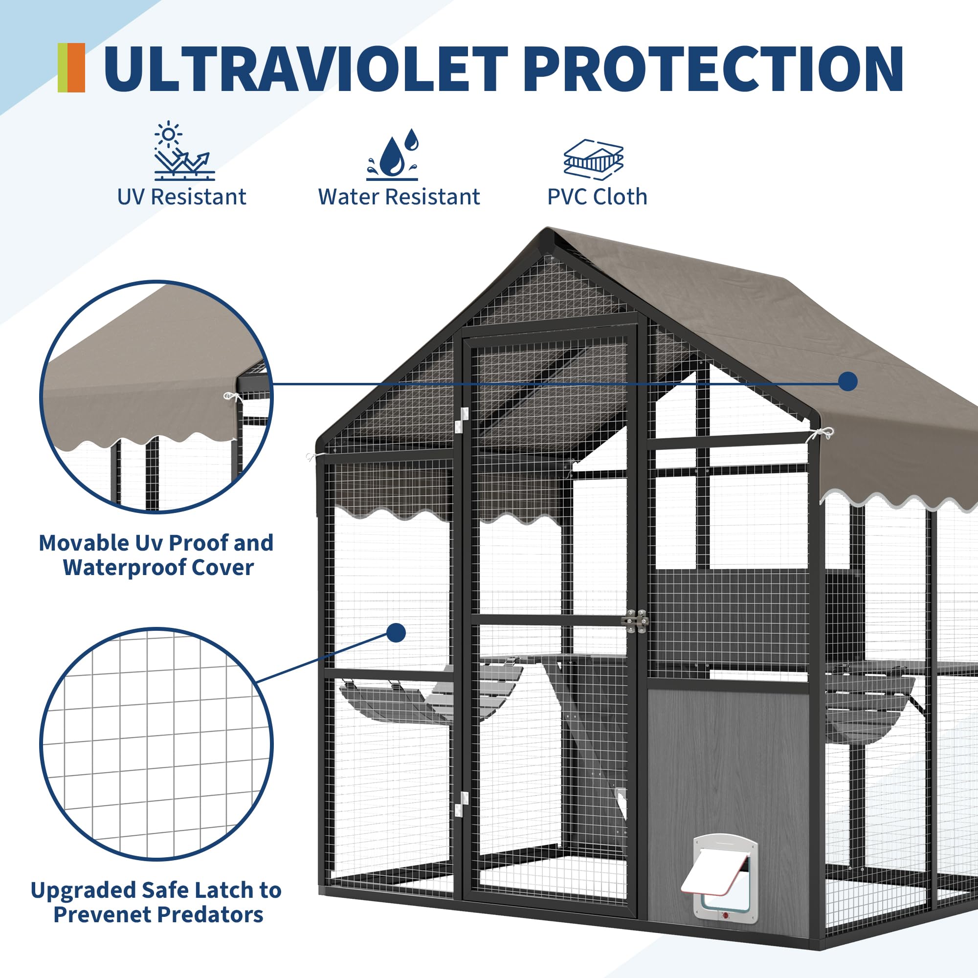 Garvee Catio Outdoor Cat Enclosure, Large Catio with Weatherproof Roof, Channels & Side Door, UV Proof Cover, Huge Condo, Platform, Aluminum Outdoor Cat Enclosure, 70"Lx48"Wx76"H