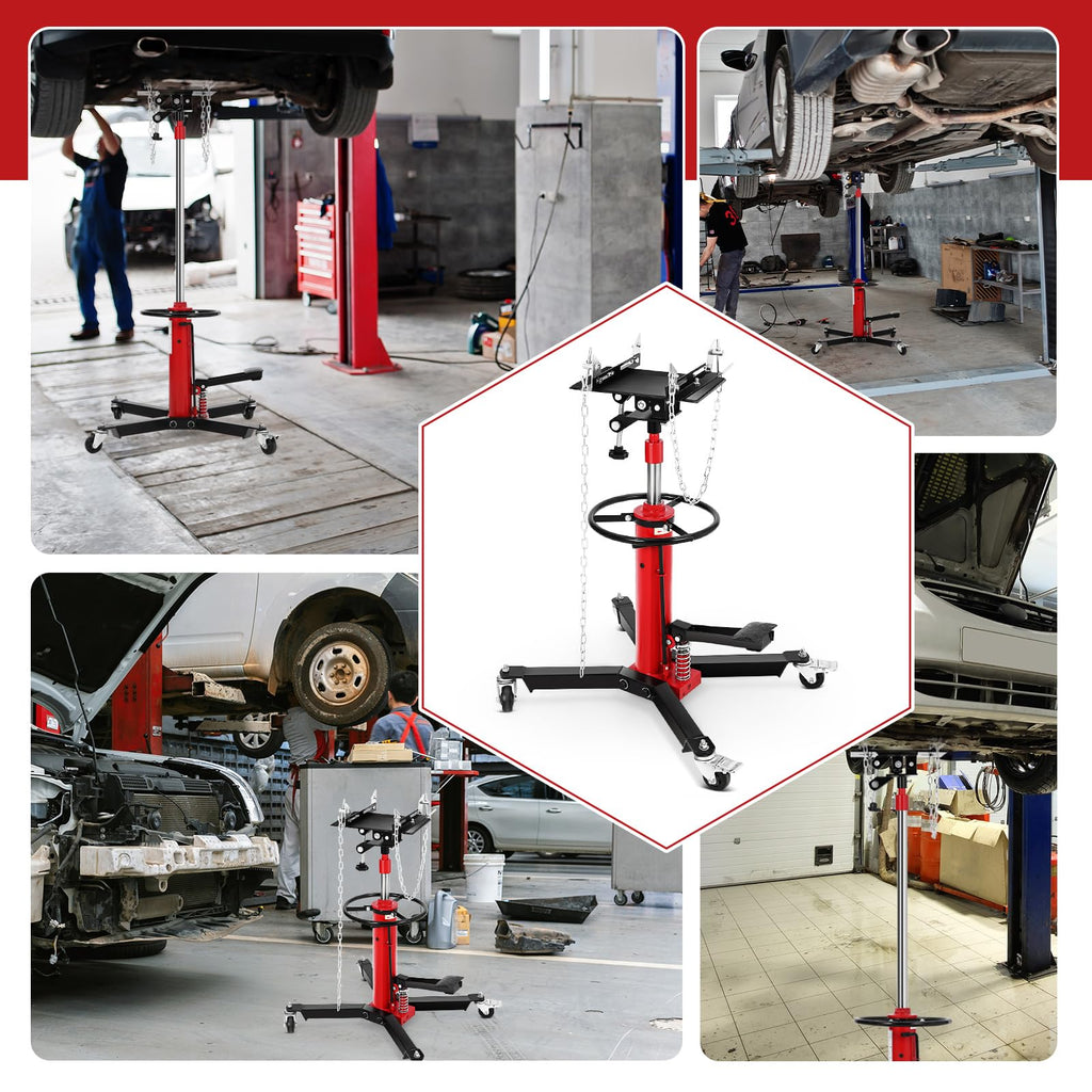 Garvee Hydraulic Transmission Jack 1322 lbs Load Capacity 34"-68" Lifting Range Steel Frame 360° Swivel Wheels with Brakes Heavy Duty Red Workshop Use