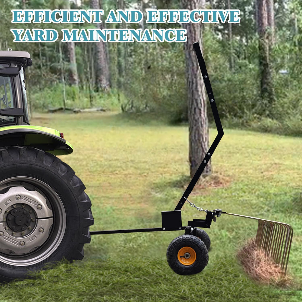 Garvee 60" Tow Behind Dethatcher with 24 Steel Tines, Pneumatic Tires, Alloy Steel, Lift Handle, Pin Hitch for Lawn Tractor, Garden and Farm Use